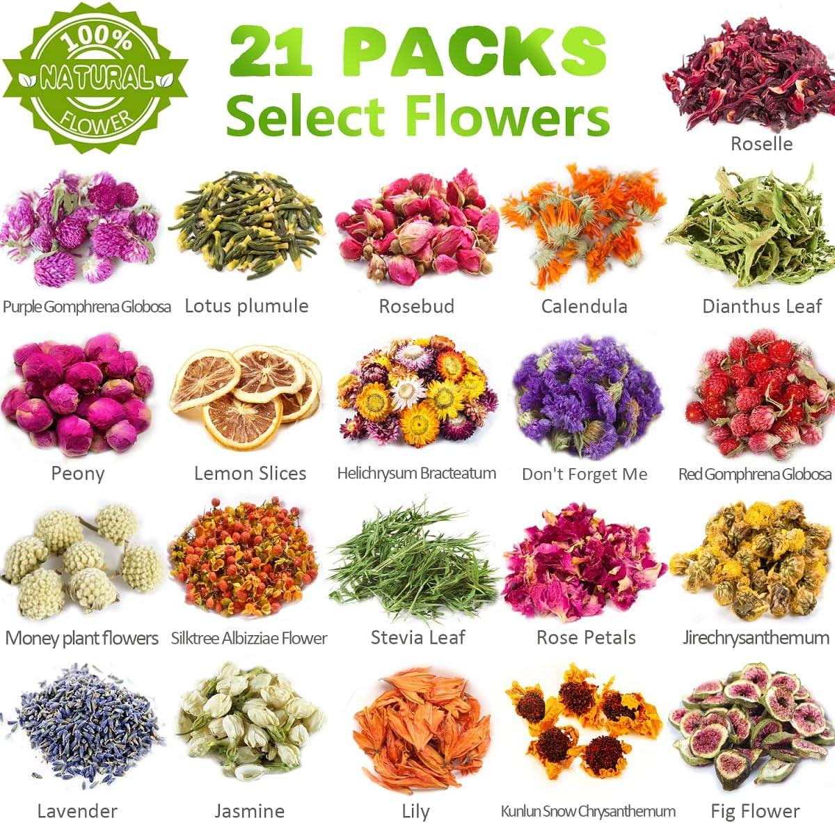 JAZIPO [Latest] 21 Pack Dried Flowers for Candle Making, 100% Natural Dried Herbs Kit for Soap Making, Bath, Resin Jewelry Making, Bulk Dried Flowers