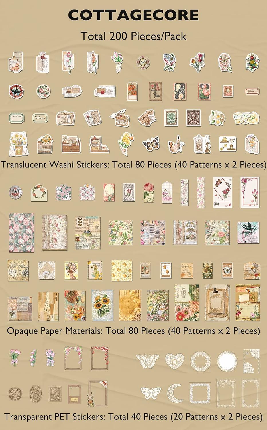 Vintage Scrapbook Supplies Pack (200 Pieces) for Junk Journal Bullet  Journals Planners Botanical Paper Stickers Craft Kits Aesthetic Cottagecore