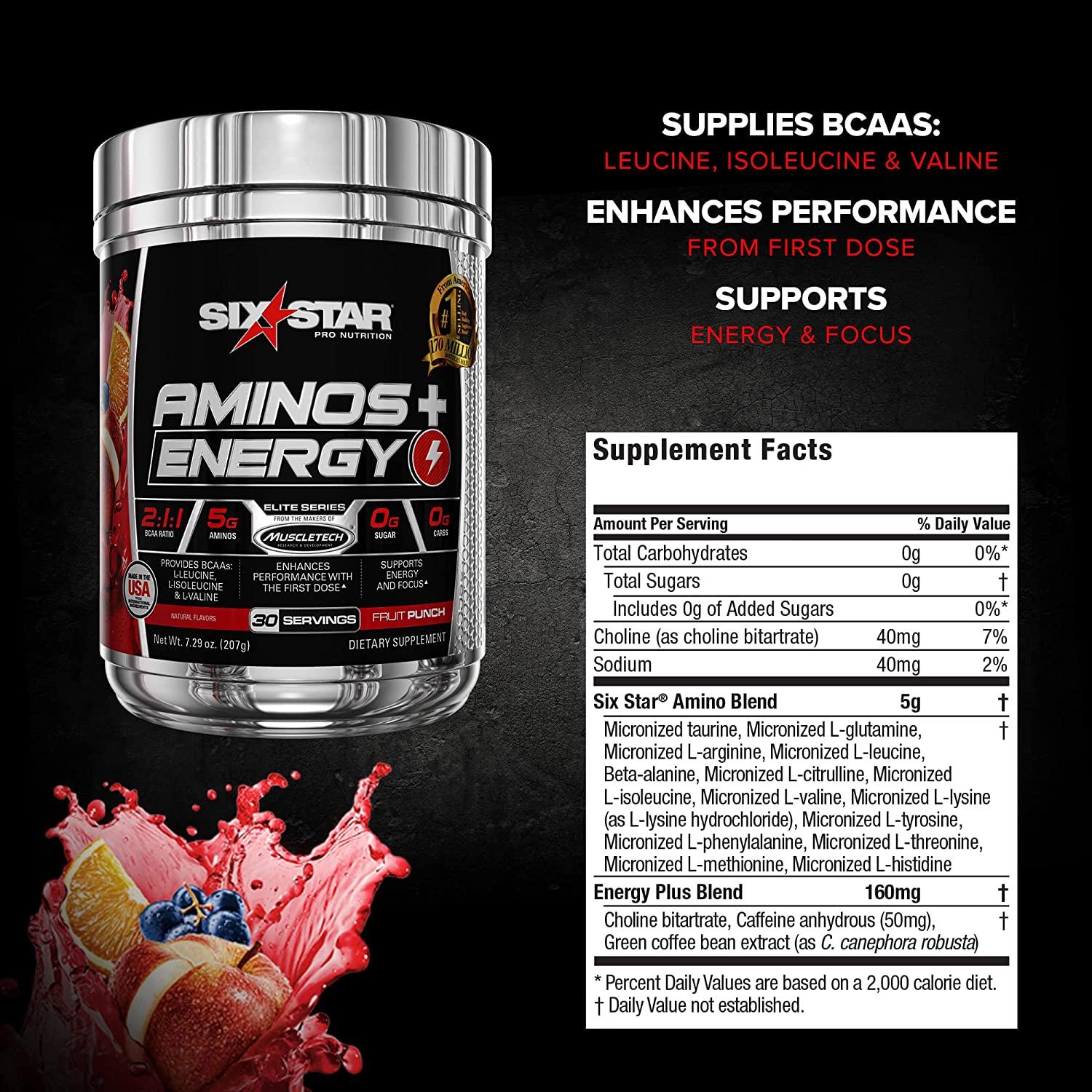 Six Star Aminos Plus Energy BCAA Powder - Fruit Punch Flavor | 30