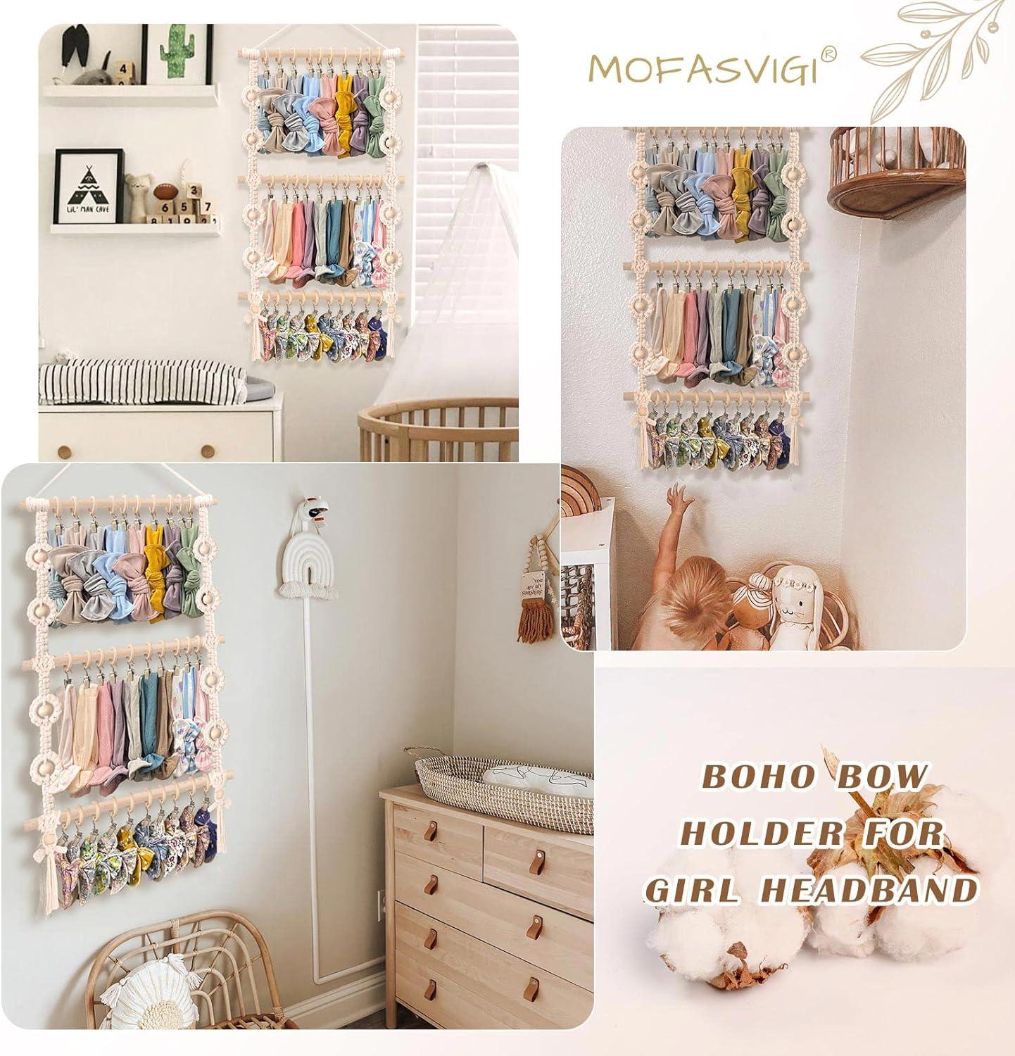 Haarschleifen Organizer Für Mädchen | 80x35cm Baumwollseil Mit Holzelementen | Weiß & Rosa