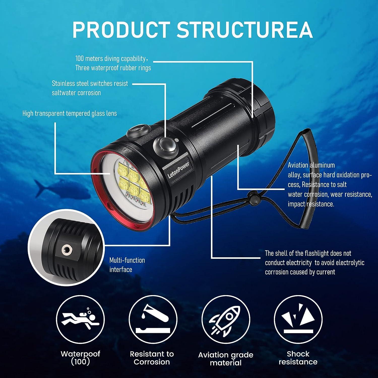 Diving Flashlight,LetonPower L24 12000Lumens Dive Light,100m Underwater