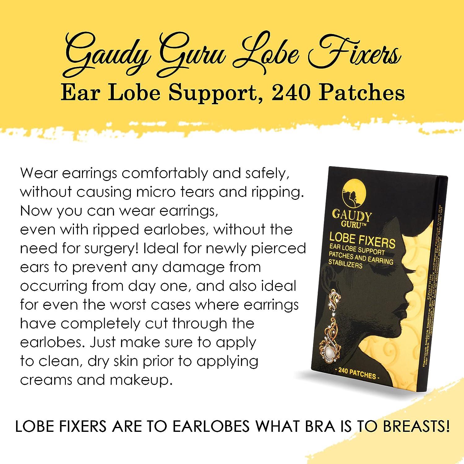 Ear Lobe Support Patches and Earring Stabilizers (240 Invisible Patches)  Prevents Tears Reduces Strain. Lobe Fixers by Gaudy Guru ( ) (Invisible)