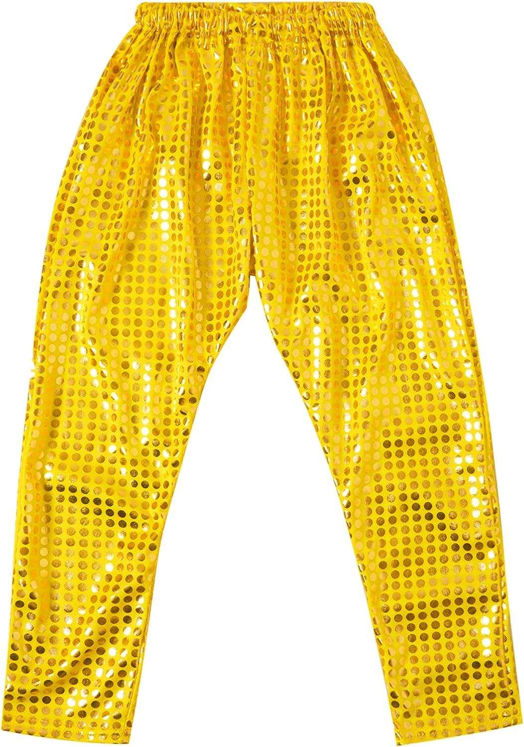 Aislor Girls Boys Glitter Sequins Hip Hop Jazz Street Modern Solo Dance  Harem Pants Sweatpants Performance Trousers Gold 13-14 Years