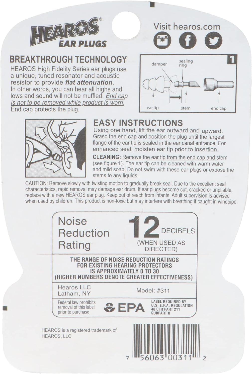 HEAROS High Fidelity Series Ear Plugs for Comfortable Long Term Use