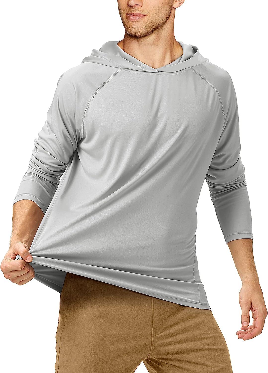 Roadbox Men's UPF 50+ Sun Protection Hoodie Shirt with Mask -Outdoor Mesh  Sides Long Sleeve Athletic Rash Guard Shirts No Thumb Hole-gray Large