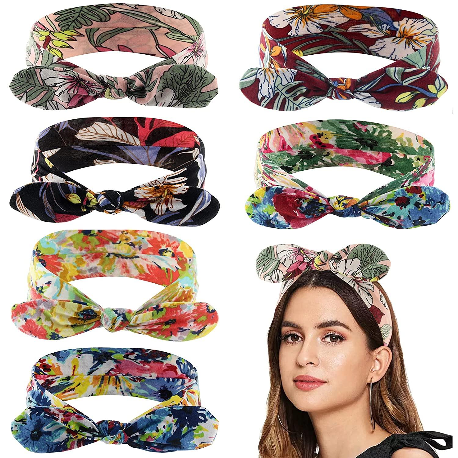 Yeshan Bow Headbands for Women Boho Wide Bandana Headbands Flower Printed Rabbit  Ears Hair Bands Fashion and Sport Hair Accessories for Women and Girls,Pack  of 6 No5(flowers 6 pcs)