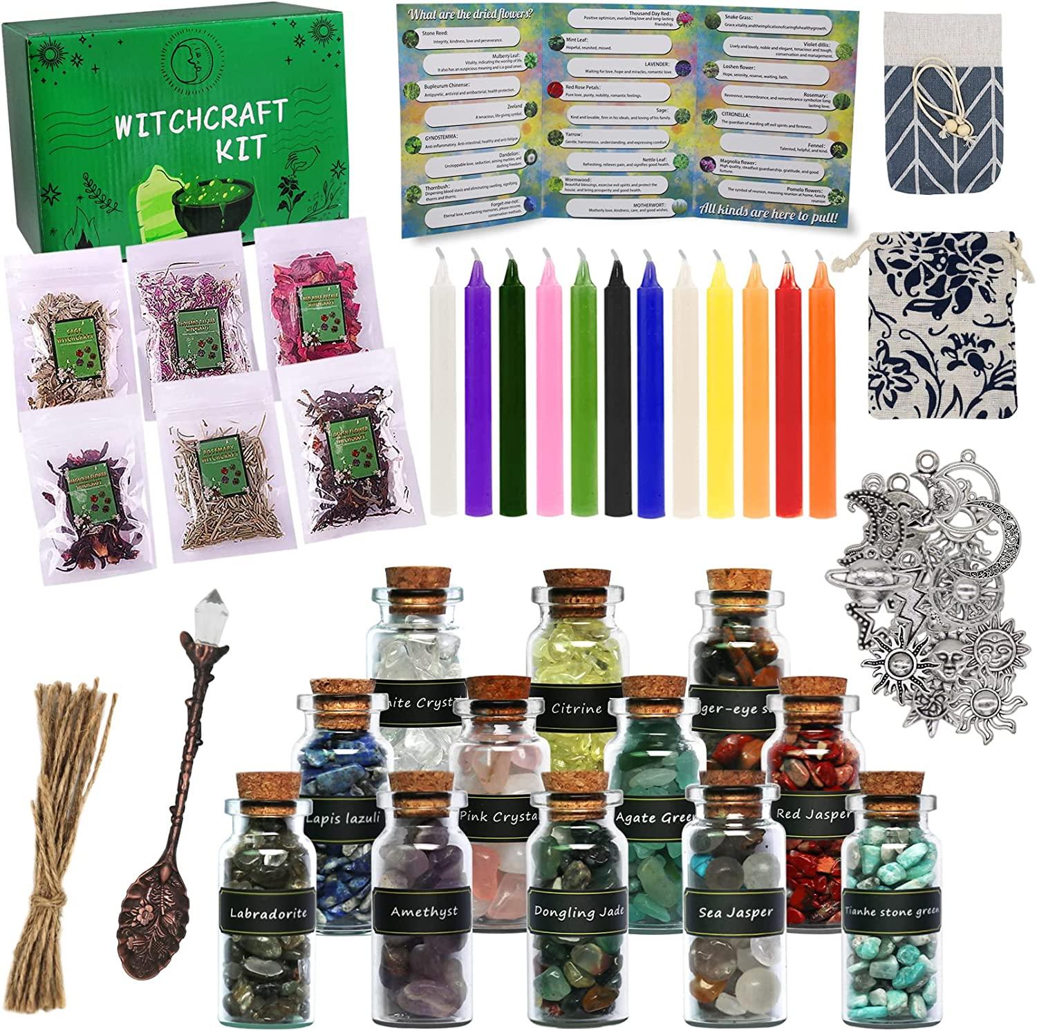 Witchcraft Supplies Kit 110 PCS, Aberer Beginner Witchcraft Kit for Altar  Supplies,Wiccan Supplies and Gifts- Crystal Jars, Dried Herbs, Colored  Candles, Spiritual Items for Witch Spells Altar Decor