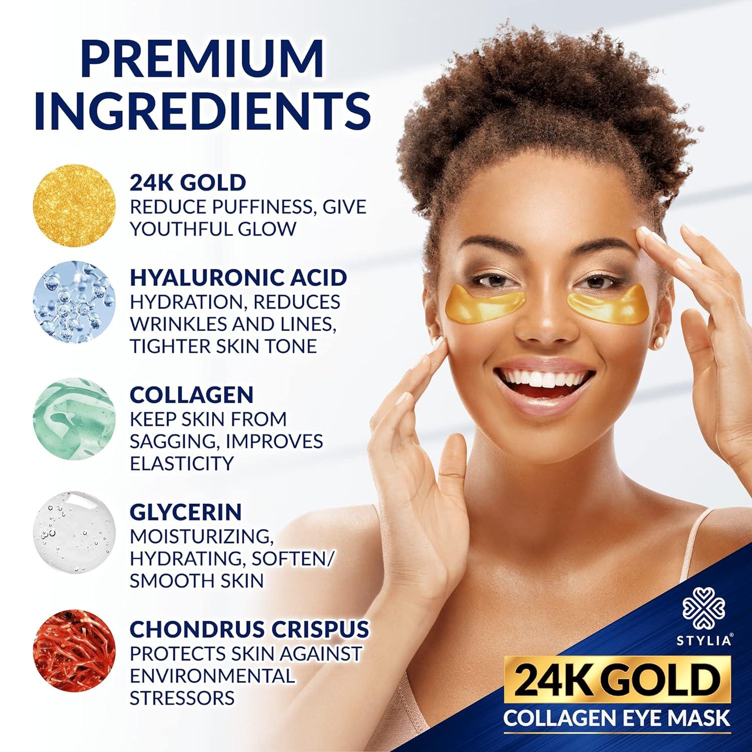 Stylia 30PC 24K Gold Under Eye Masks + 7 Chin Masks Revitalize and Lift for Radiant Skin