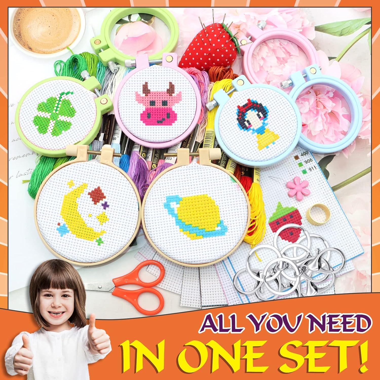 ZOCONE 12 PCS Cross Stitch Kits for Kids 7-13 Cross Stitch Beginner Kits  with Instructions Keychains Embroidery Hoops and Tools Needlepointing Kits  for Backpack Charms Cross Stitch Ornaments Kit 12 PCS Pattern2