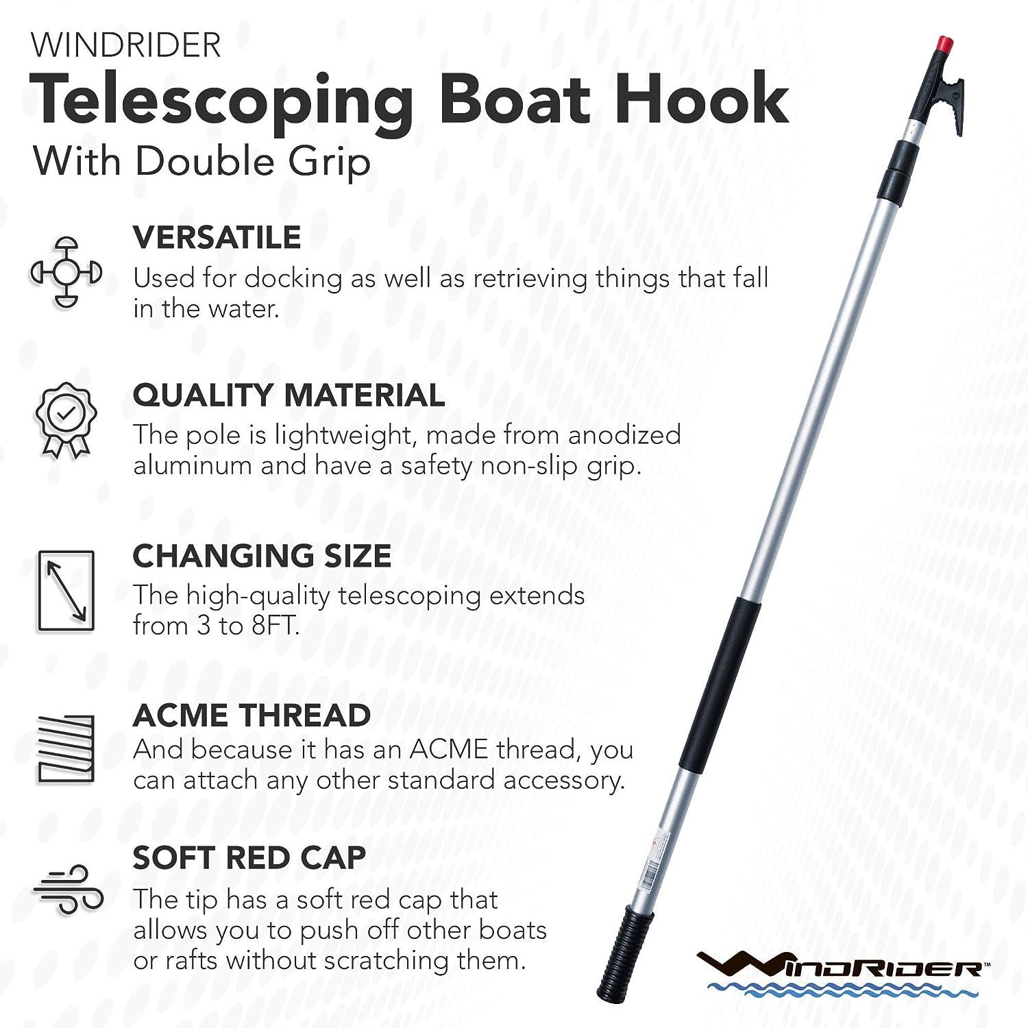 WindRider Telescoping Boat Hook, Floating, Double Grip, Super Strong Hook, Threaded End for Accessories, 8 or 12ft