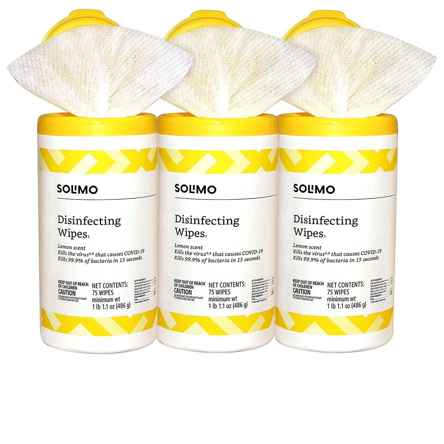 Solimo Disinfecting Wipes Lemon Scent 75 Count (Pack of 3