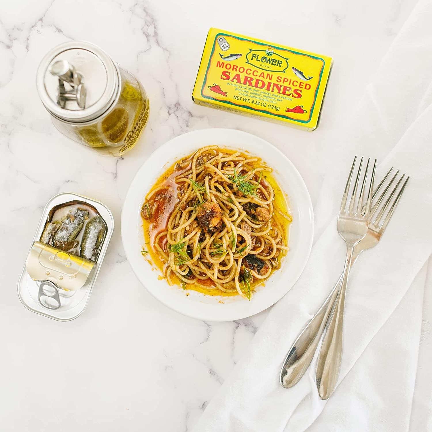 Flower Brand Spiced Sardines in Olive Oil 4.38 oz Wild Sardines from Morocco High Protein