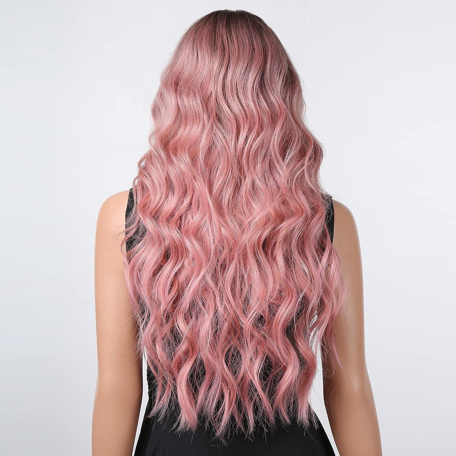 Ombre Pink Long Curly Wig for Women with Bangs Heat Resistant