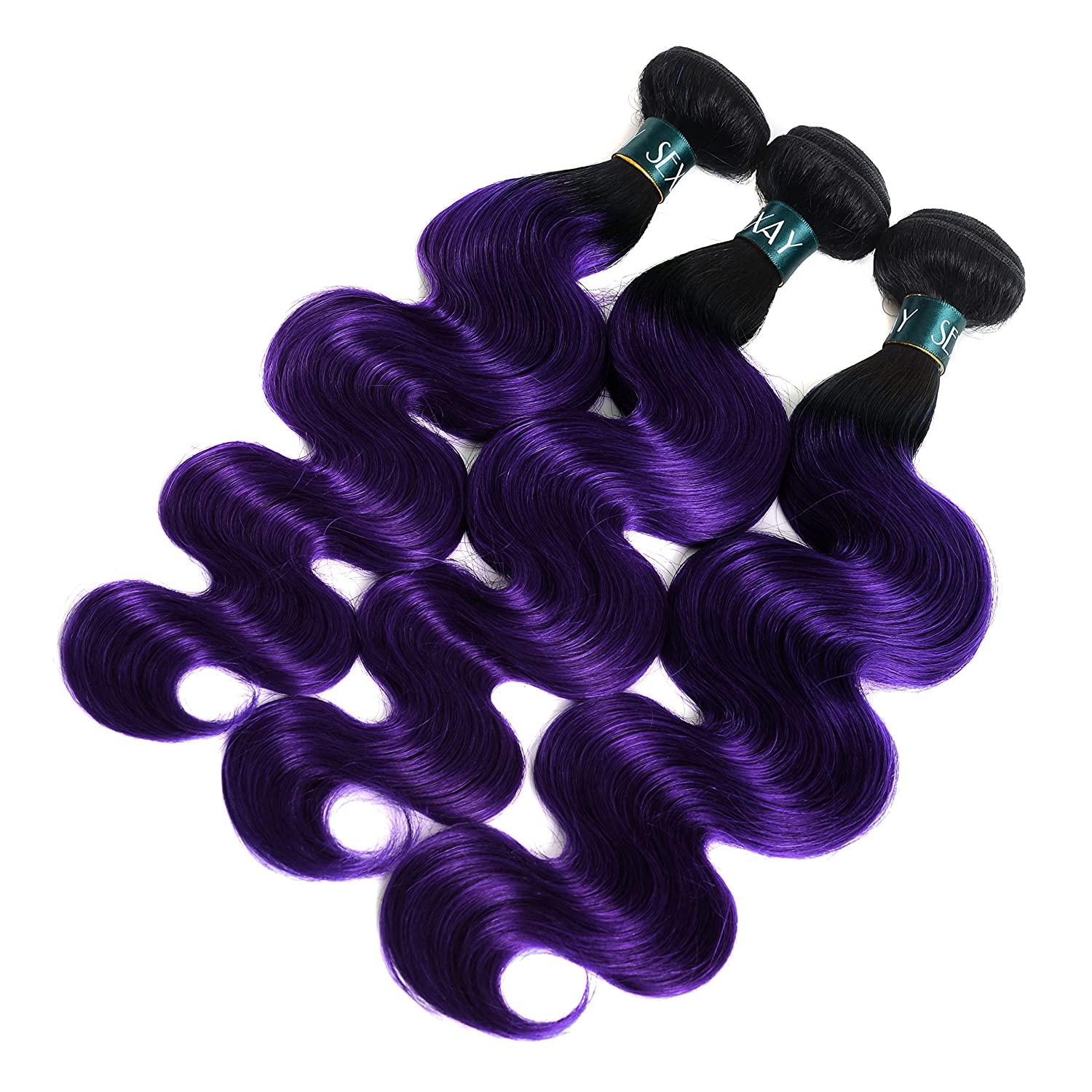 SEXAY Purple Bundles Body Wave Human Hair Weave 3 Bundles Virgin Hair,  Brazilian Remy Hair Ombre 1b/Purple 2 Tone Ombre Hair Wavy For  Women(121416) 12