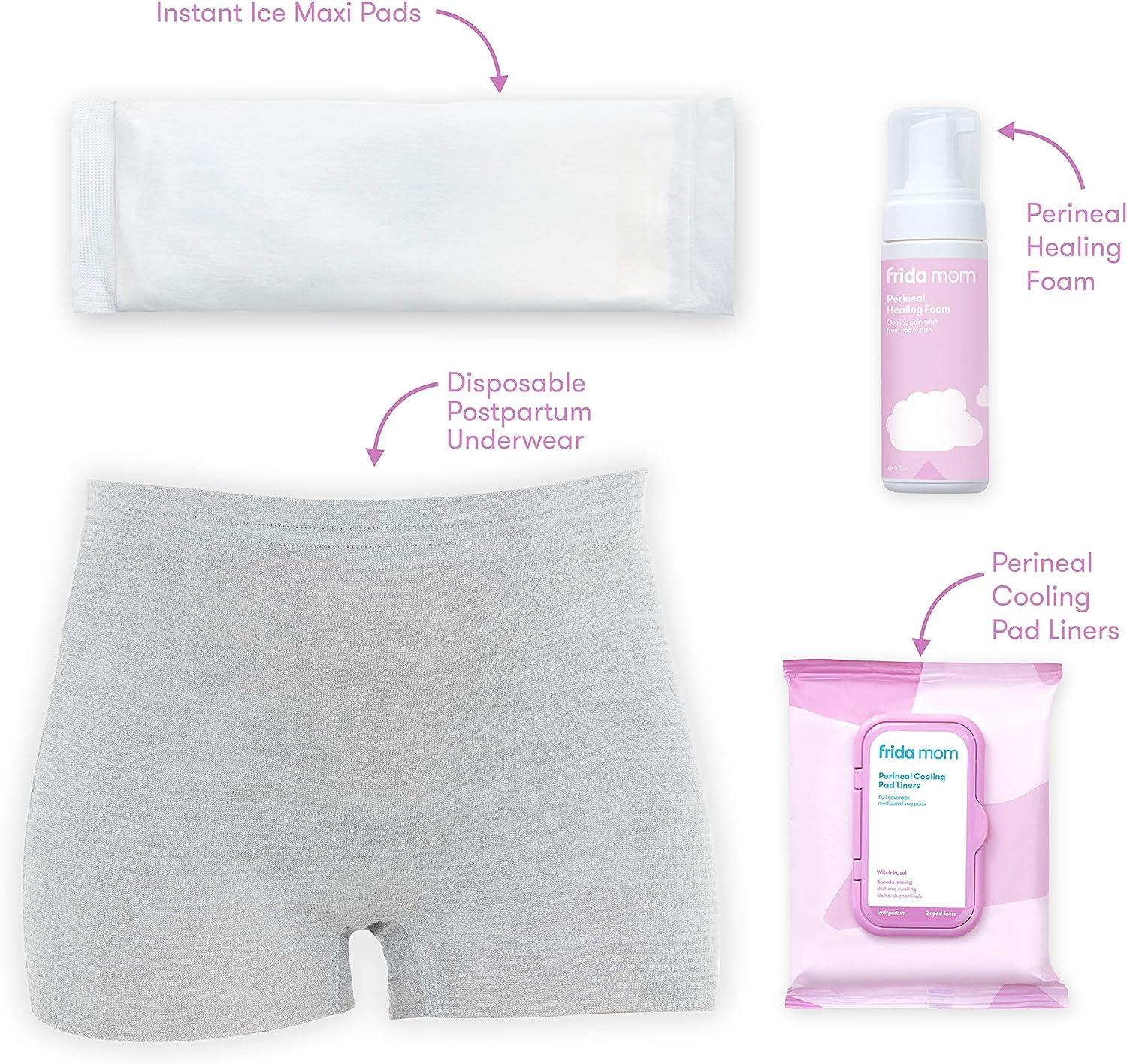Frida Mom Postpartum Recovery Essentials Kit Includes Disposable Underwear,  Ice Maxi Absorbency Pads, Cooling Witch Hazel Medicated Pad Liners,  Perineal Medicated Healing Foam