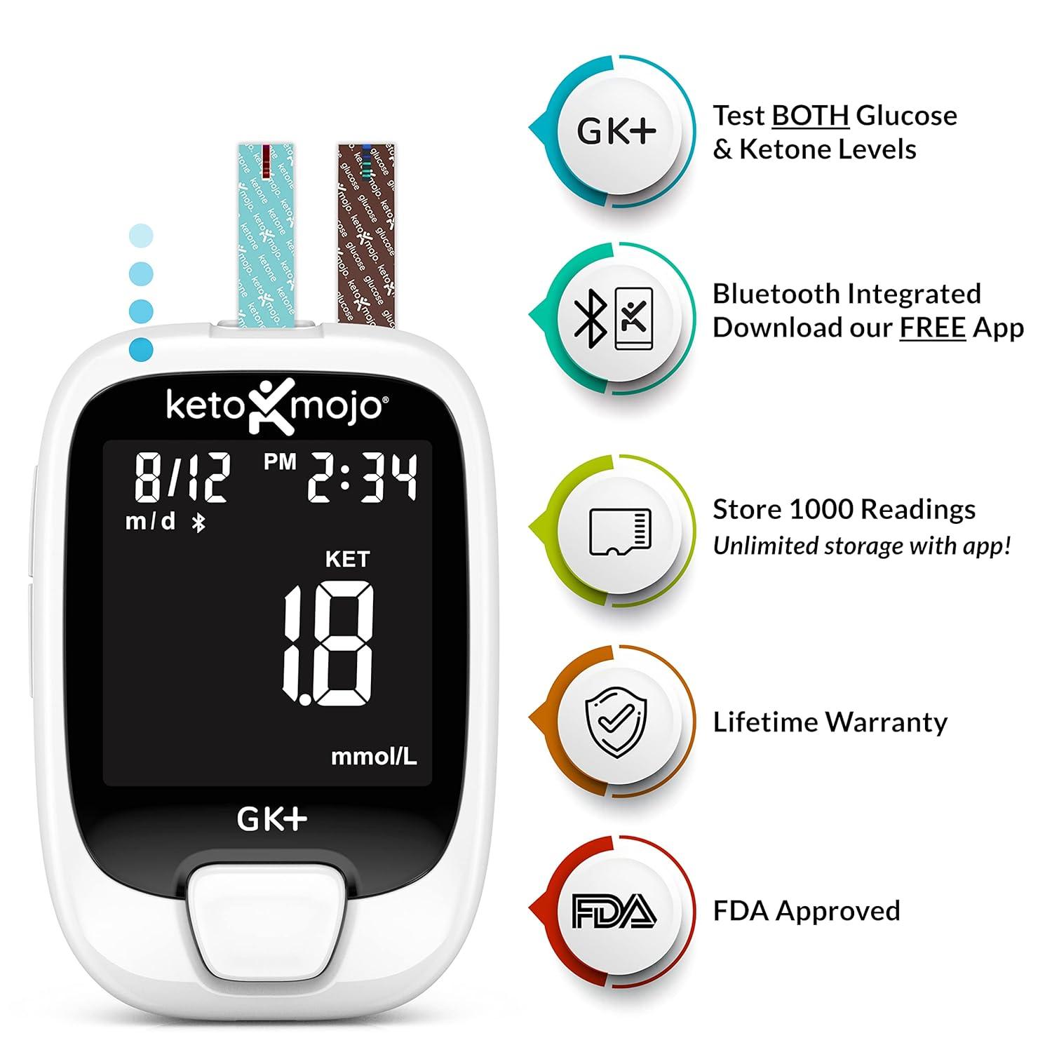 KETO-MOJO GK+ Bluetooth Glucose & Ketone Testing Kit + Free APP