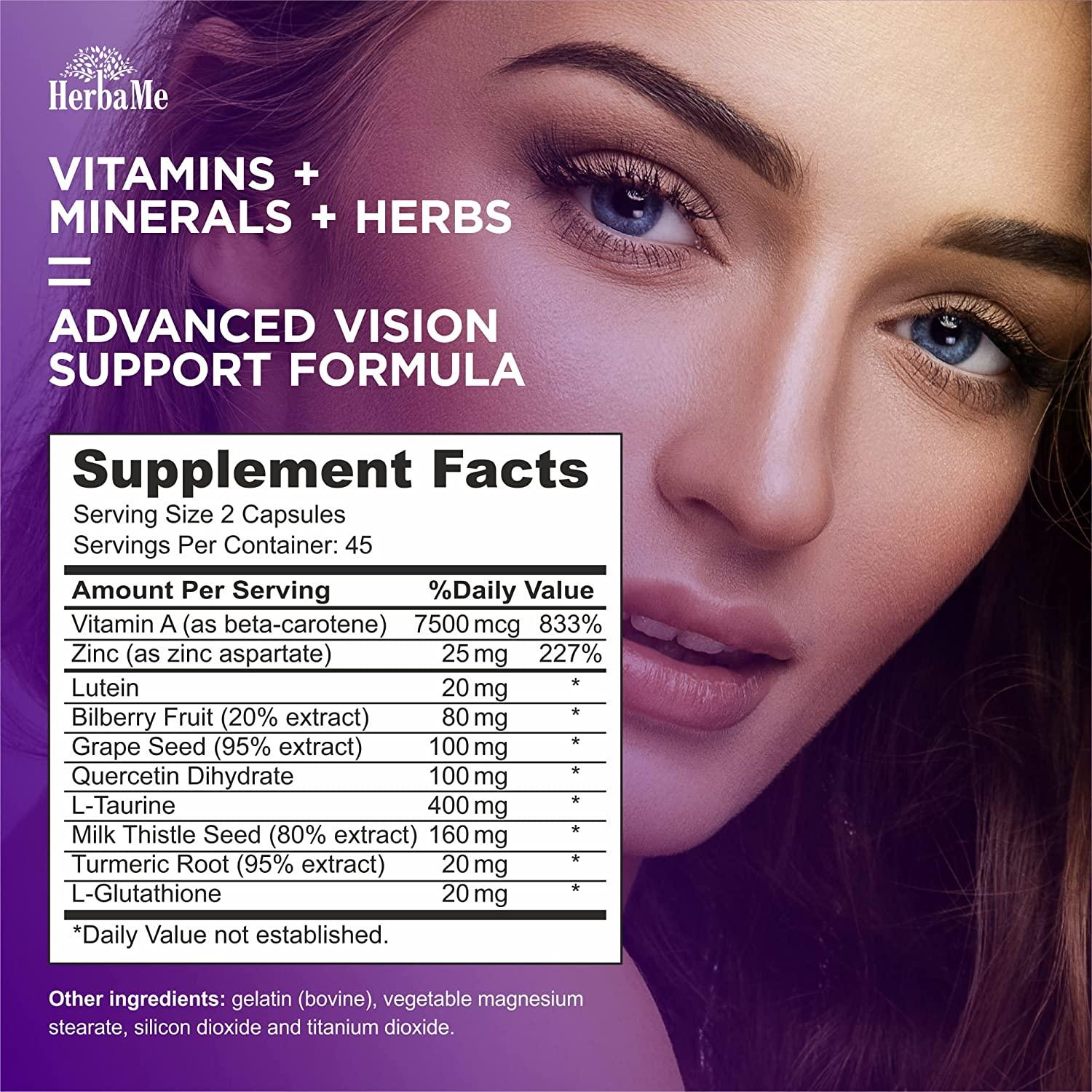 HerbaMe Eye Vitality, Eye Vitamins Supplement with Lutein, Bilberry