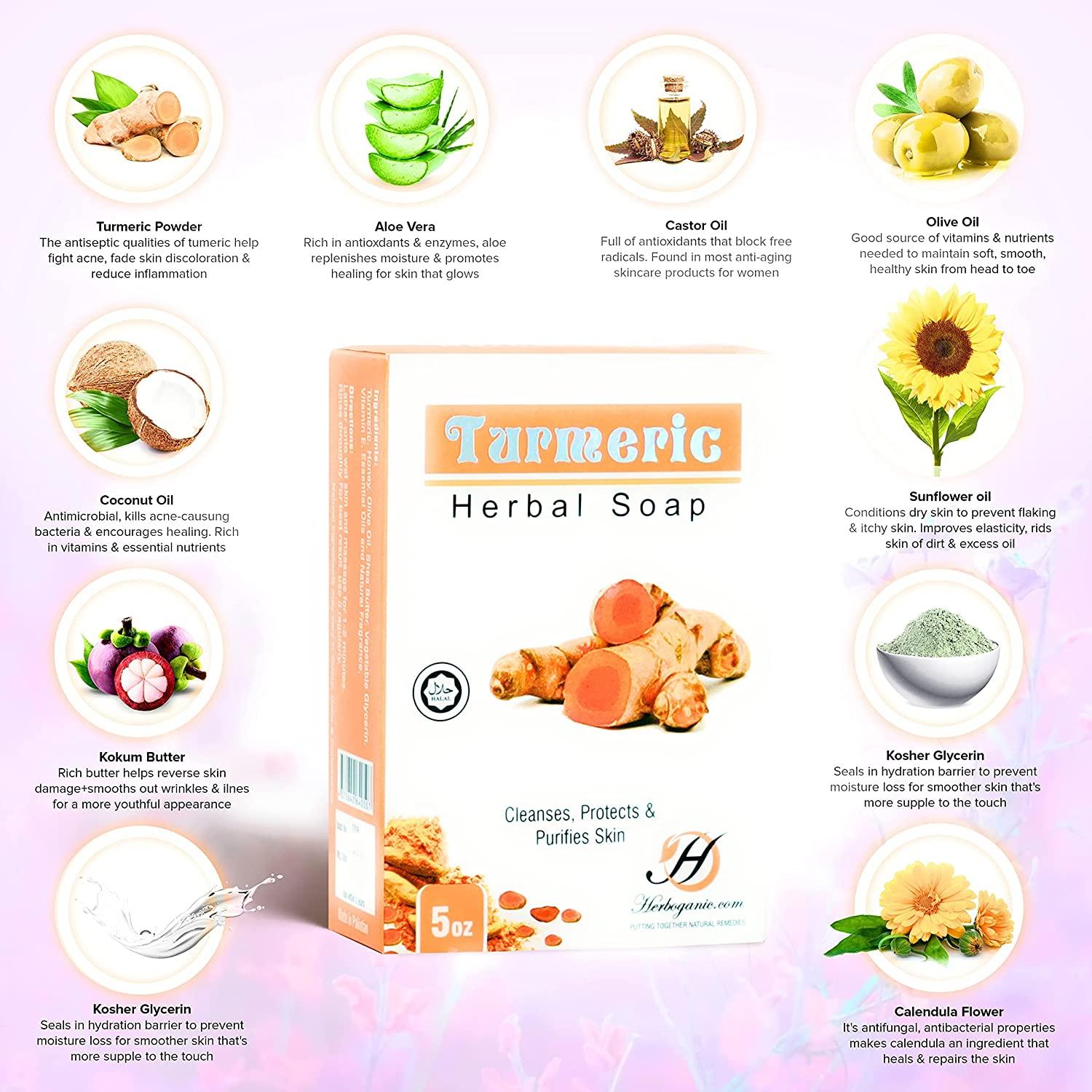 Herboganic Turmeric Herbal Soap 5oz Bar Cleansing, Purifying, AntiAging Pack of 1