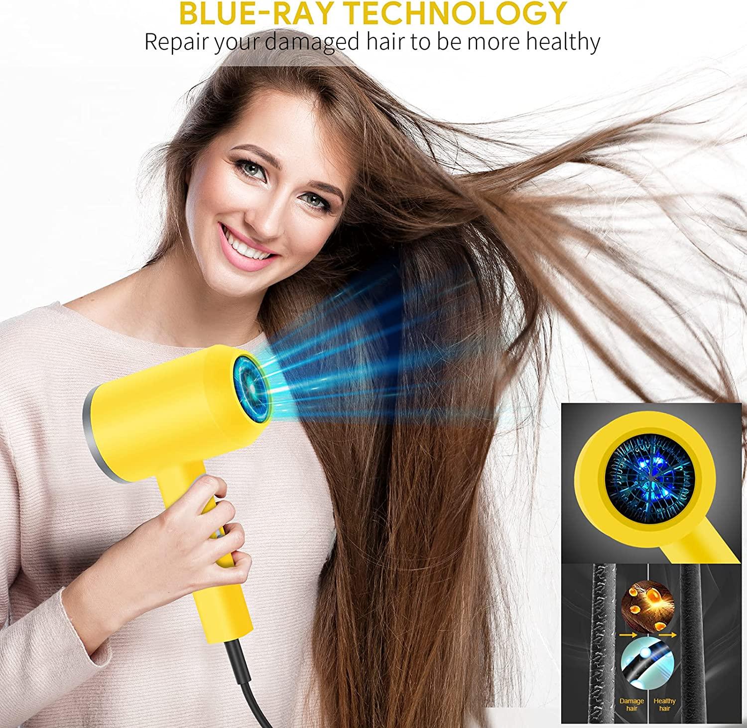 APOKE Hair Dryer with Diffuser, Professional 1800W Blue-ray Ionic Ceramic  Tourmaline Compact Travel Blow Dryer with Comb Attachment, Portable 2  Speed/3 Heat Settings Foldable Small Diffuser Hairdryer Yellow