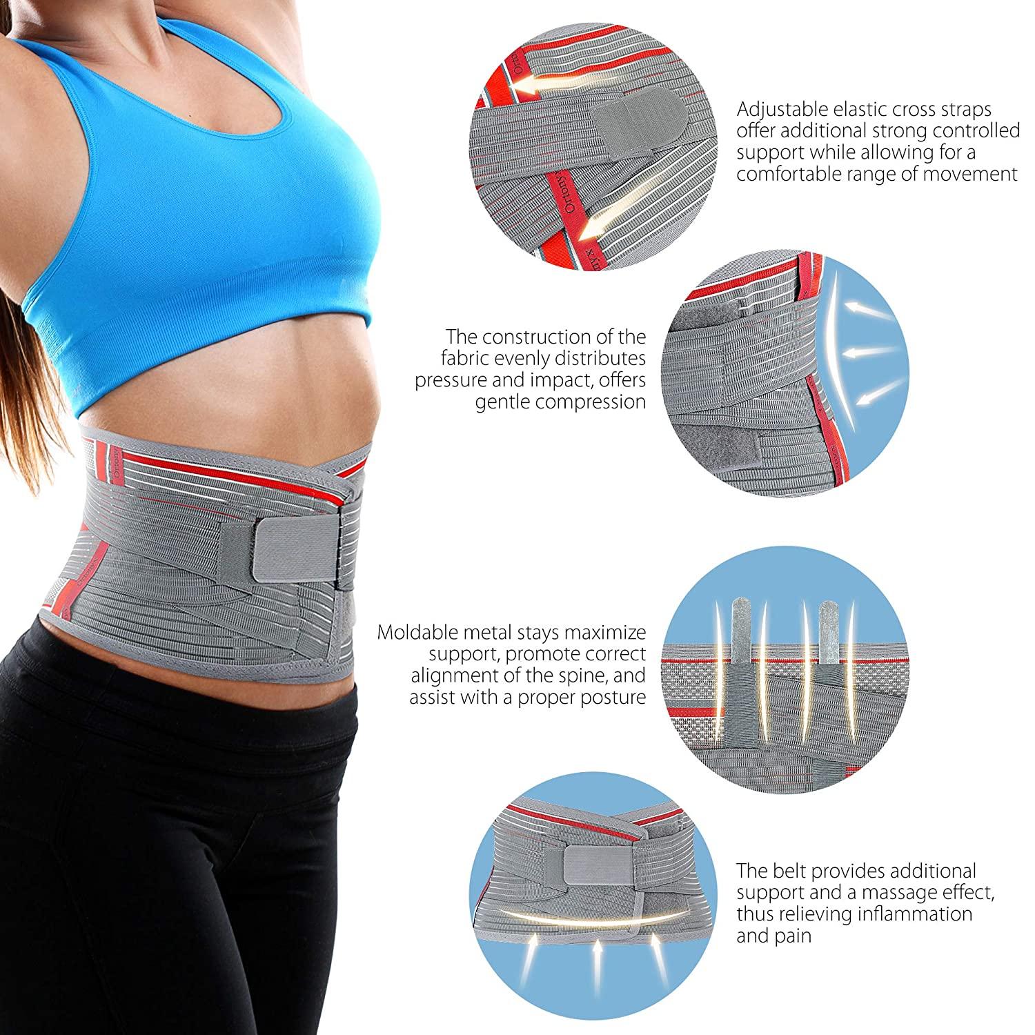 ORTONYX Lumbar Support Belt Lumbosacral Back Brace Ergonomic Design and  Breathable Material - lower back pain relief warmer stretcher - M/L (Waist  31.5-39.4) Gray/Red Medium/Large (Pack of 1) Gray/Red