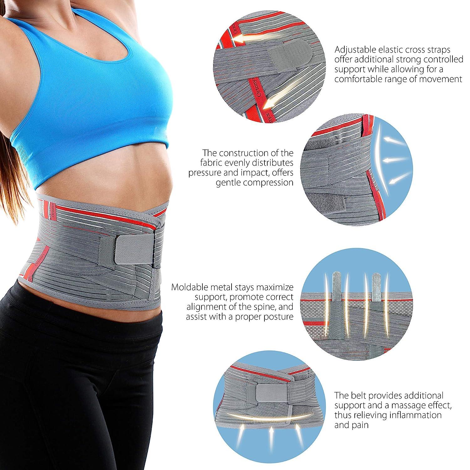 ORTONYX Lumbar Support Belt Lumbosacral Back Brace Ergonomic Design and  Breathable Material - lower back pain relief warmer stretcher - XS/M (Waist  26-32.2) Gray/Red X-Small/Medium (Pack of 1) Gray/Red