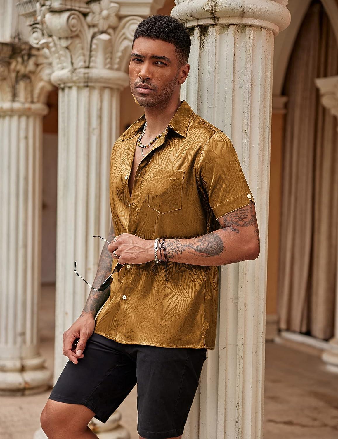 COOFANDY Men's Summer Shirts Short Sleeve Silk Satin Jacquard Shirts Casual  Button Down Beach Shirt XX-Large 02 Golden Yellow