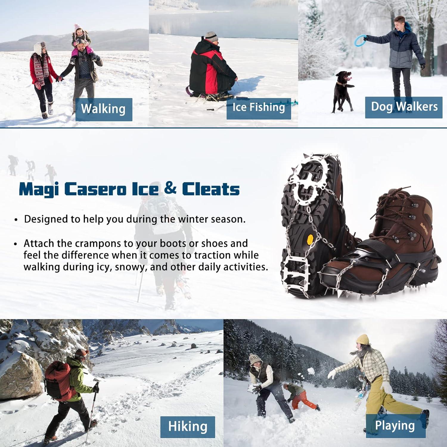 Magi Casero Crampons Ice Snow Cleats Traction Grips 18 Stainless Steel  Spikes Rivet Connection for Shoes Boots Safe Protect for Women Men Hiking  Fishing Walking Jogging X-Large