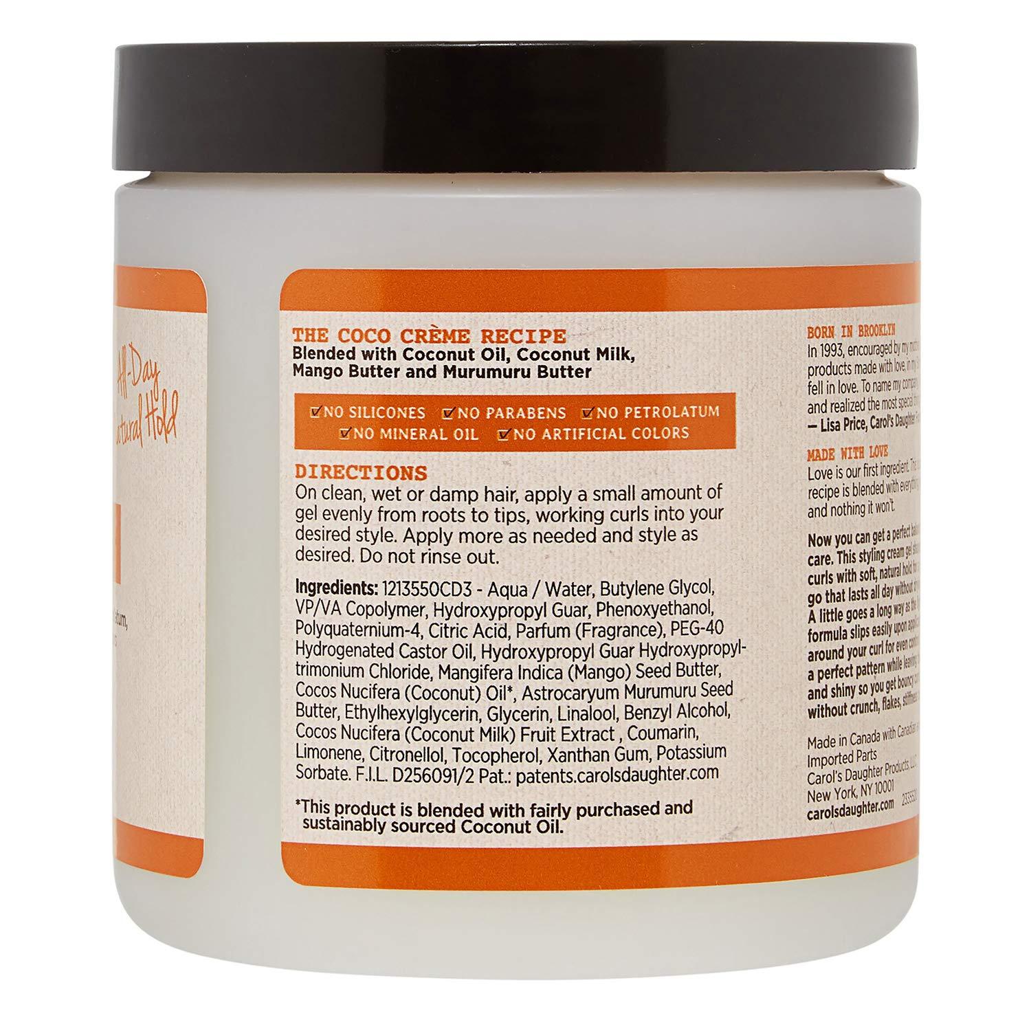 Carols Daughter Coco Creme Curl Shaping Cream Gel, with Coconut Oil,  Coconut Milk, Silicone Free, Paraben Free Hair Gel for Curly Hair , Mineral Oil  Free, for Very Dry Hair, 16 Oz