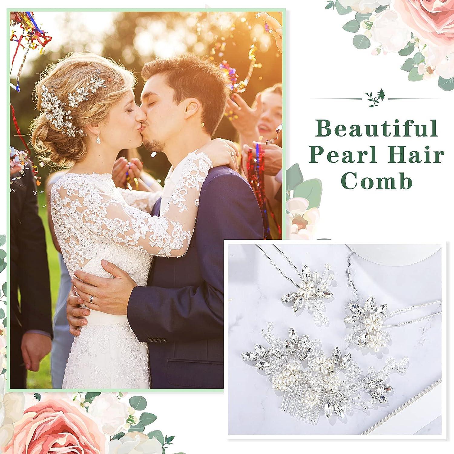 Bride Wedding Hair Pins Set Rhinestone Clips Pearl Combs Elegant Bridal Hair Accessories for Women Girls 3 Types in Silver