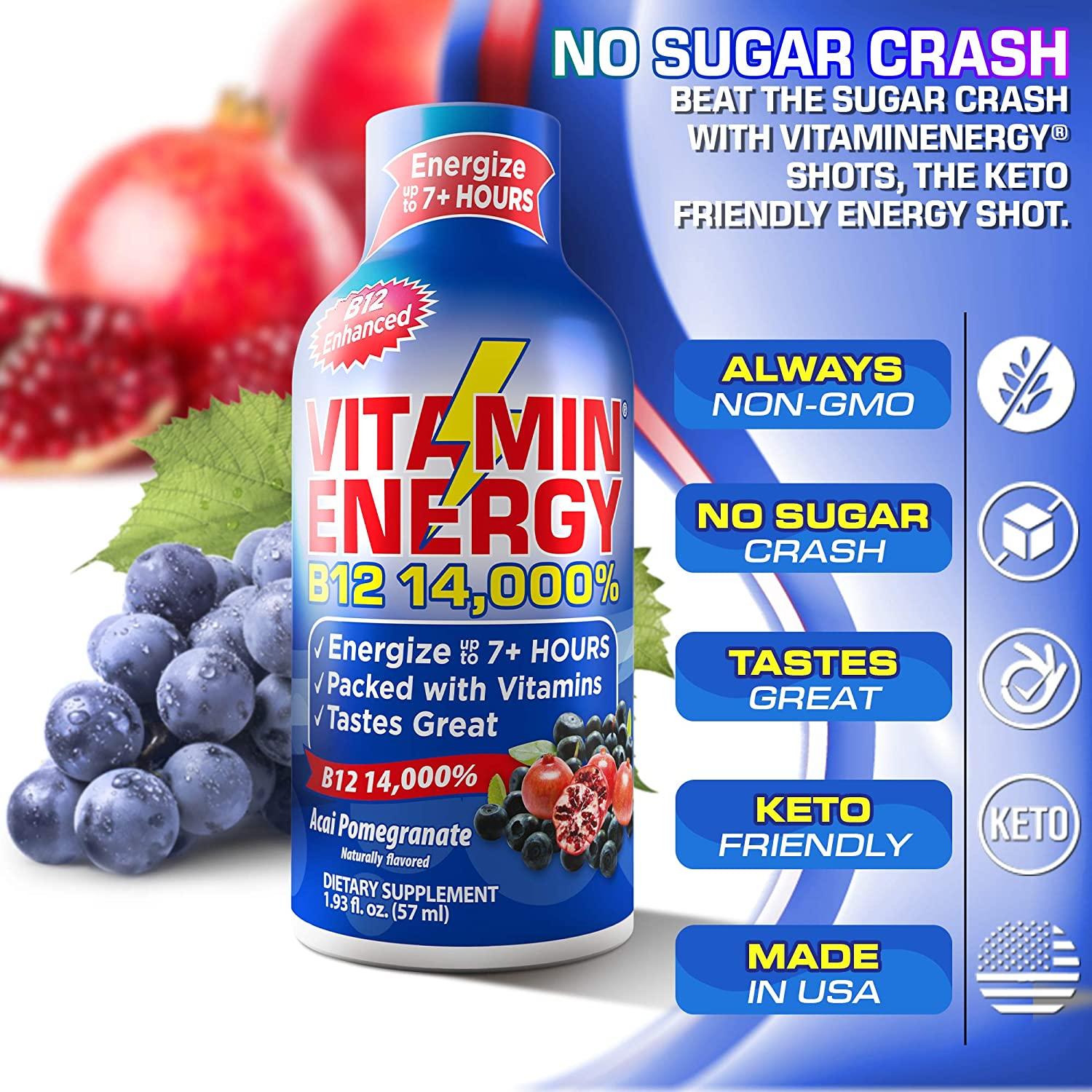 Vitamin Energy B12 Shots Acai Pomegranate Flavor 12 Pack, 1.93 Fl Oz Each Up to 7 Hours of