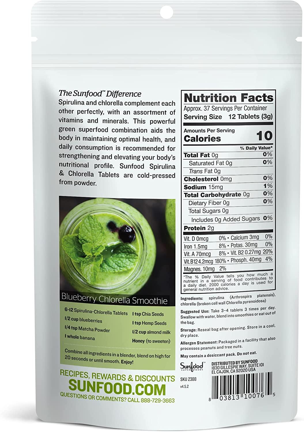 Sunfood Spirulina & Chlorella Super Algae Tablets 250 mg 456 Tablets