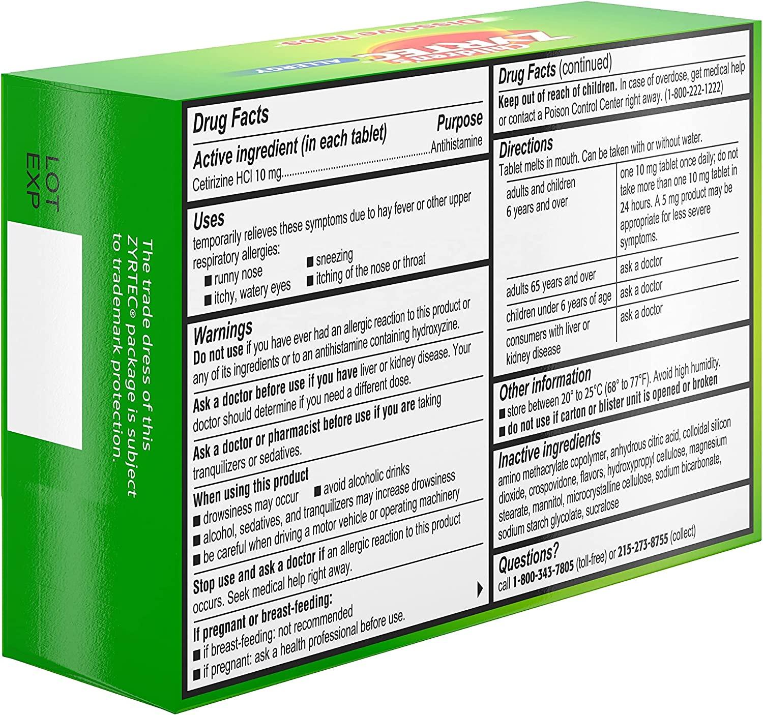 Children's Zyrtec 24 Hour Dissolving Allergy Relief Tablets with 10 mg