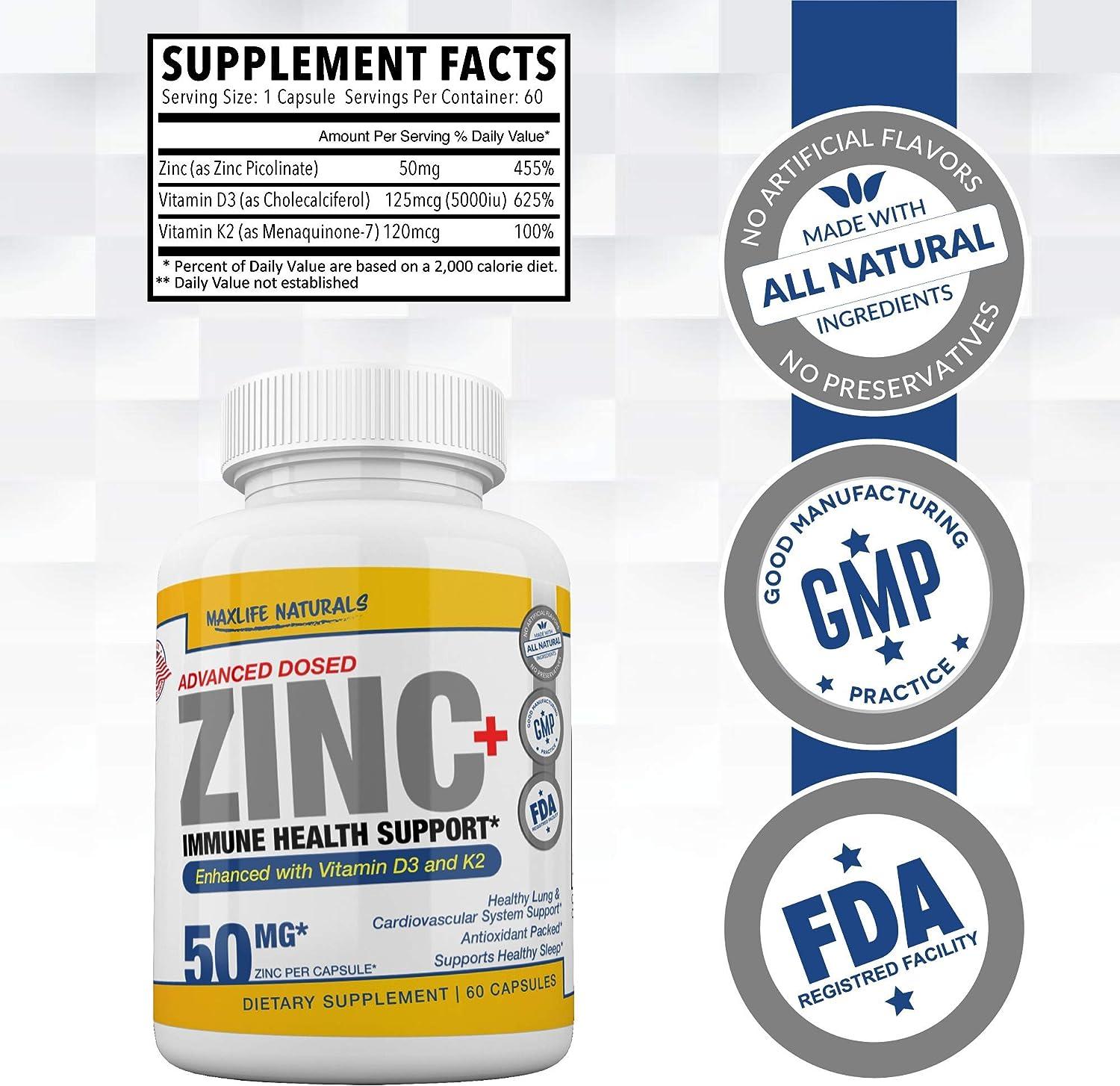 Zinc Picolinate 50mg with Vitamin K2 MK7 + Vitamin D3 5000 IU Zinc
