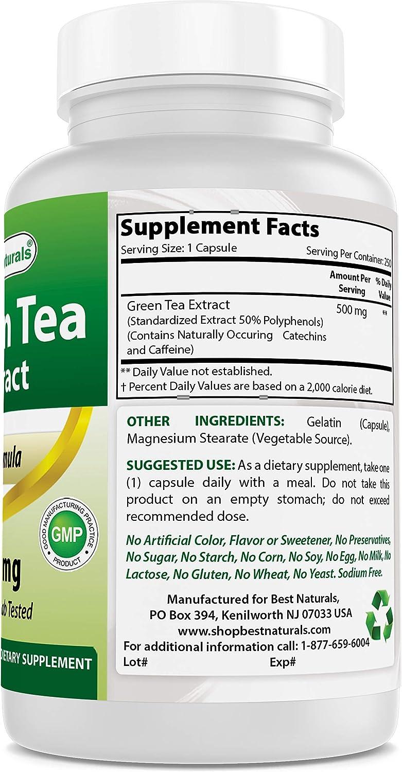 Best Naturals Green Tea Extract 500 mg 250 Capsules 250 Count (Pack of 1)