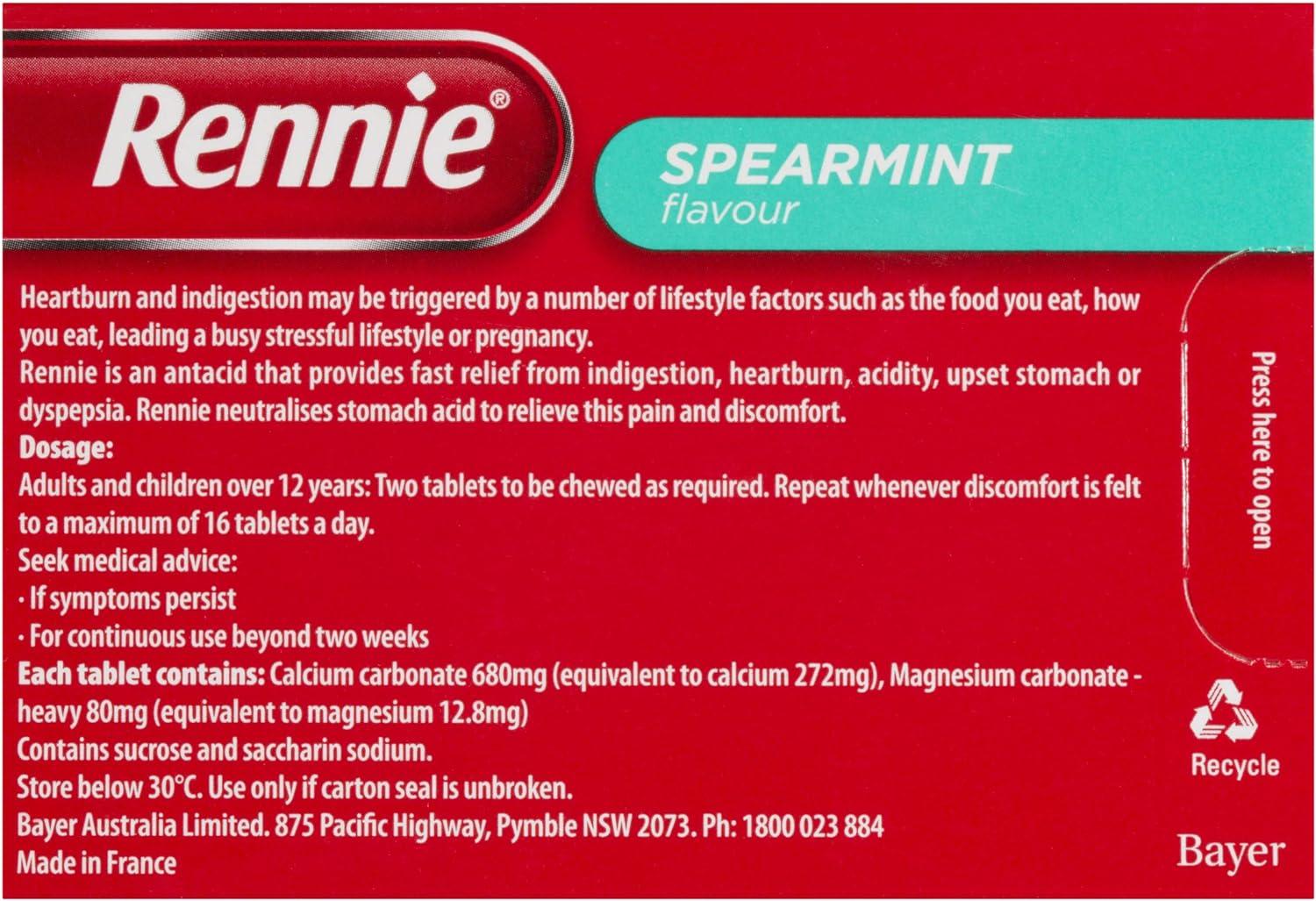 Rennie Indigestion and Heartburn Relief Spearmint 96 Chewable Tablets