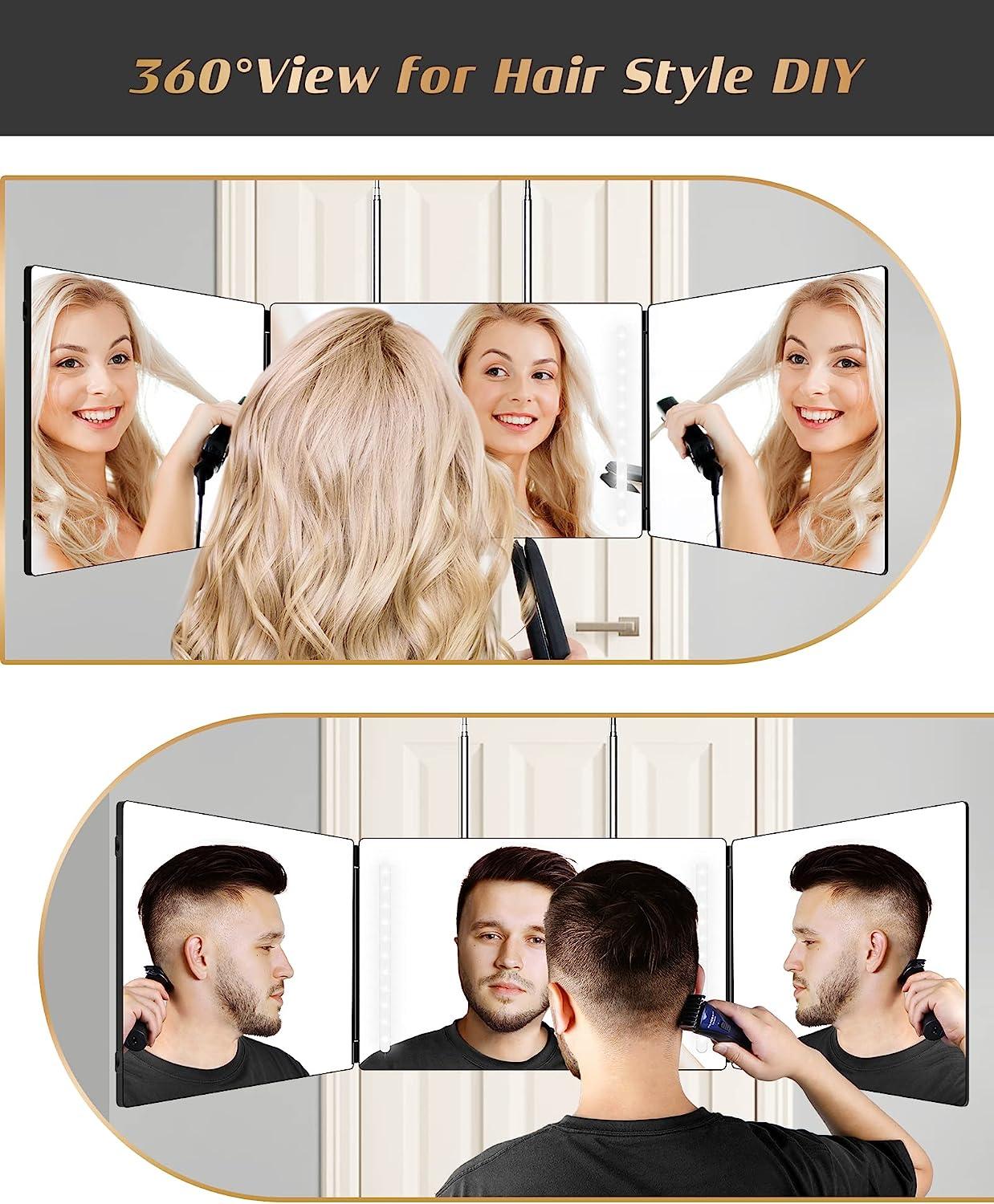 3 Way Mirror With Led Light,360 Mirror,trifold Portable Barber Mirror,height  Adjustable Hanging Mirror For Self Hair Cutting,shaving,styling And More.