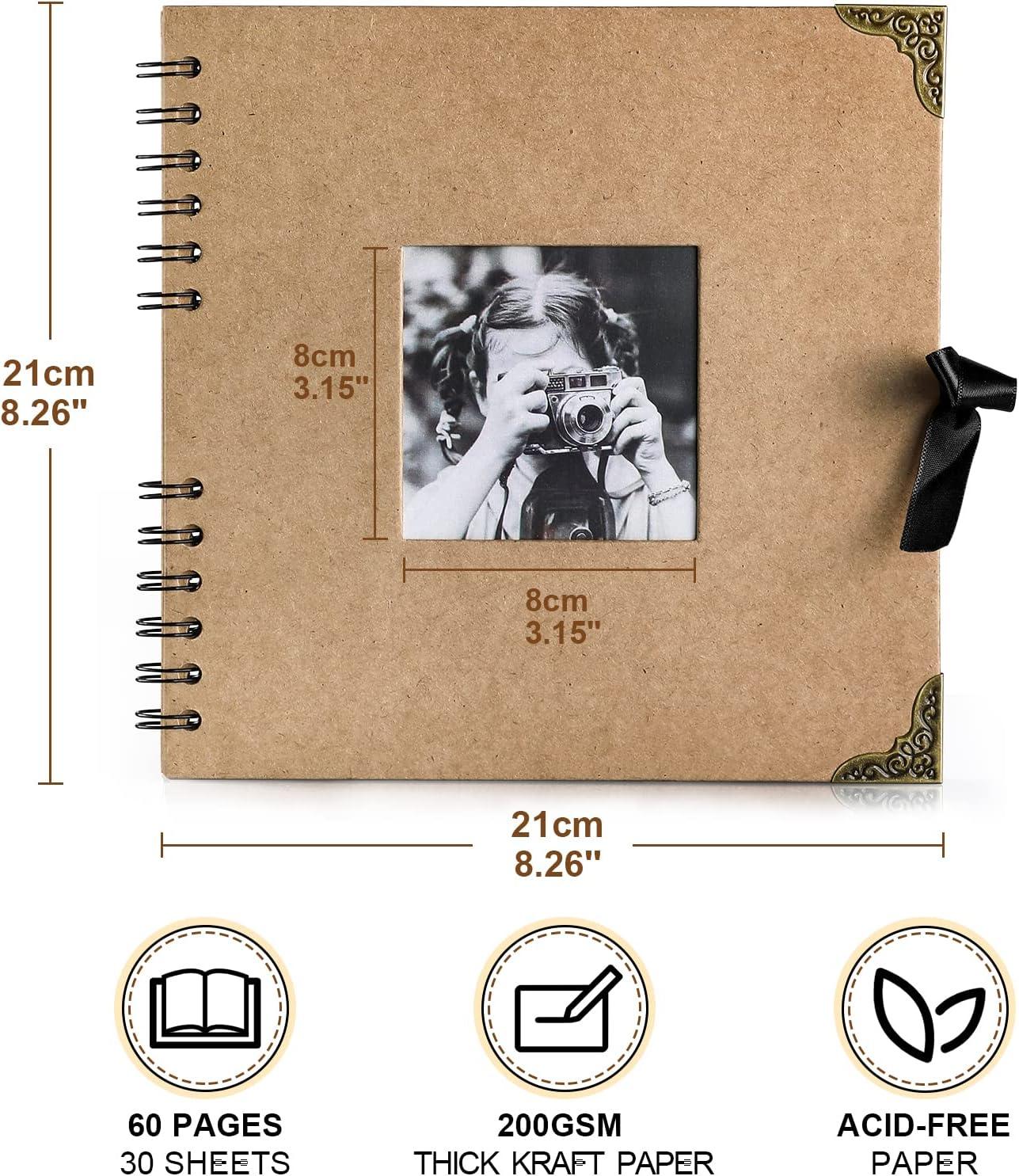 Scrapbook Photo Album (8 x 8 inch) - 60 Pages Photo Scrap Memory Book -  Thick Kraft Paper Scrapbooking & Stamping Supplies with Corner Protectors  Ribbon Closure Suitable for Wedding Travel Graduation 1 Pack