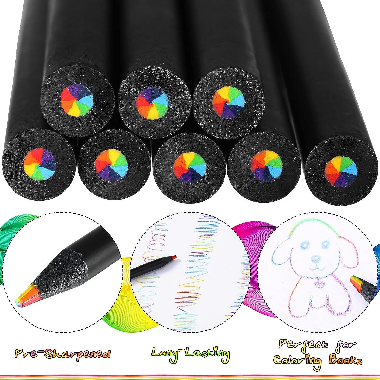 CHENGU 48 Pcs Rainbow Colored Pencils, 7 Color in 1 Rainbow Pencil for Kids,  Wooden Colored Pencil Multi Colored Pencils Bulk with 4 Pieces Sharpener  for Kids Adults Art Drawing (Black Wood)