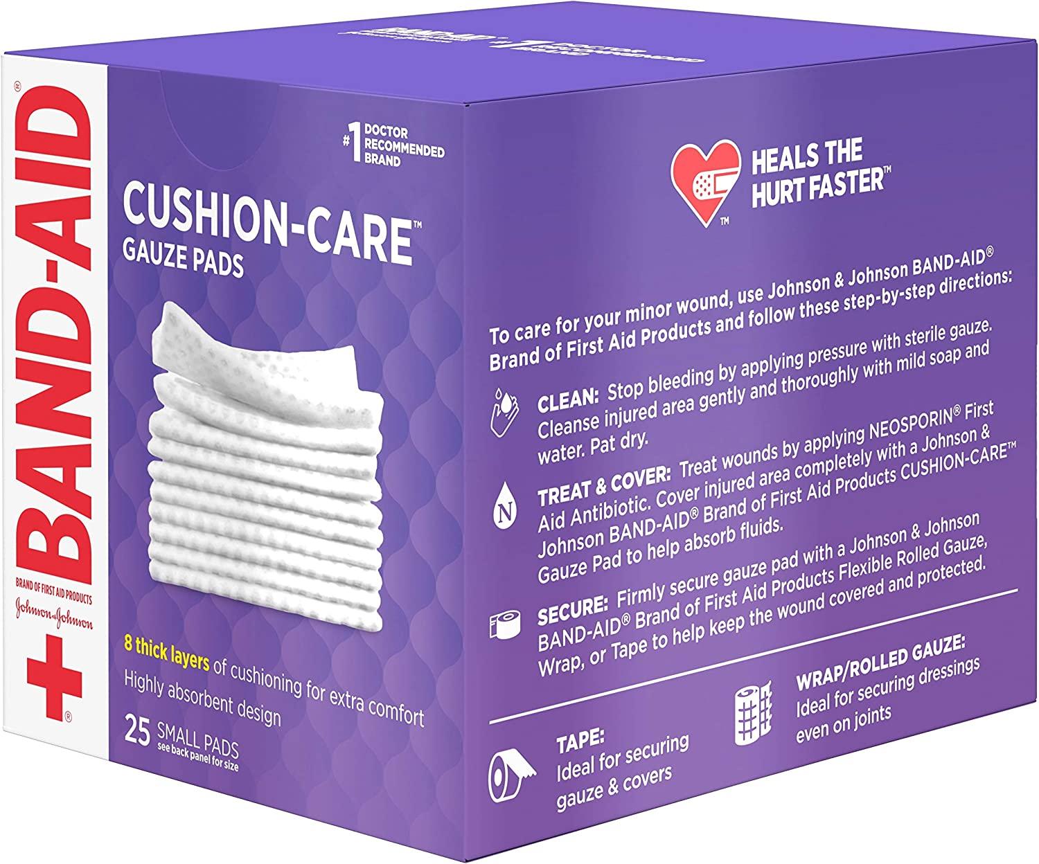 BandAid Brand Cushion Care NonStick Gauze Pads, IndividuallyWrapped, Small, White, 2 x 2 in
