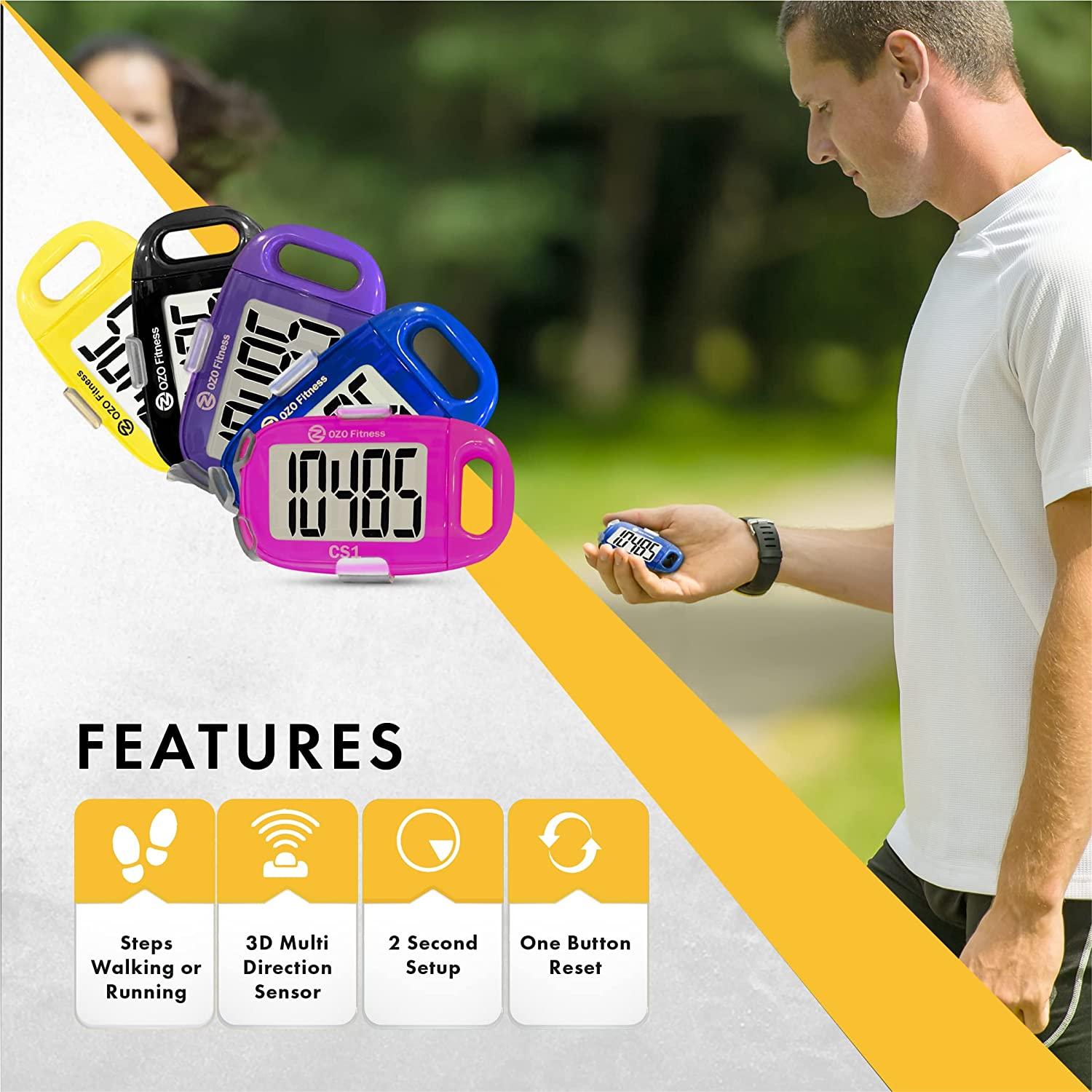 OZO Fitness CS1 Podomètre facile pour la marche - Compteur de pas avec  grand écran, clip et lanière (Jaune)