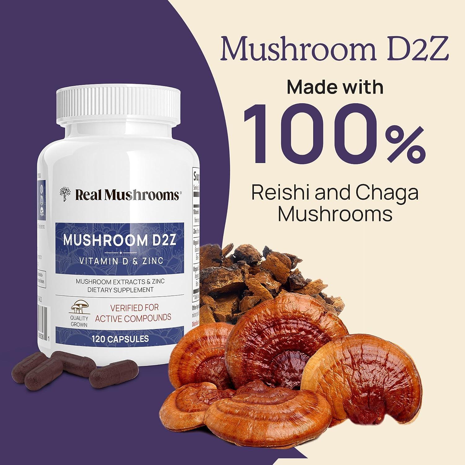Real Mushrooms Zinc Supplements for Adults (120ct) Vitamin D2 Immune