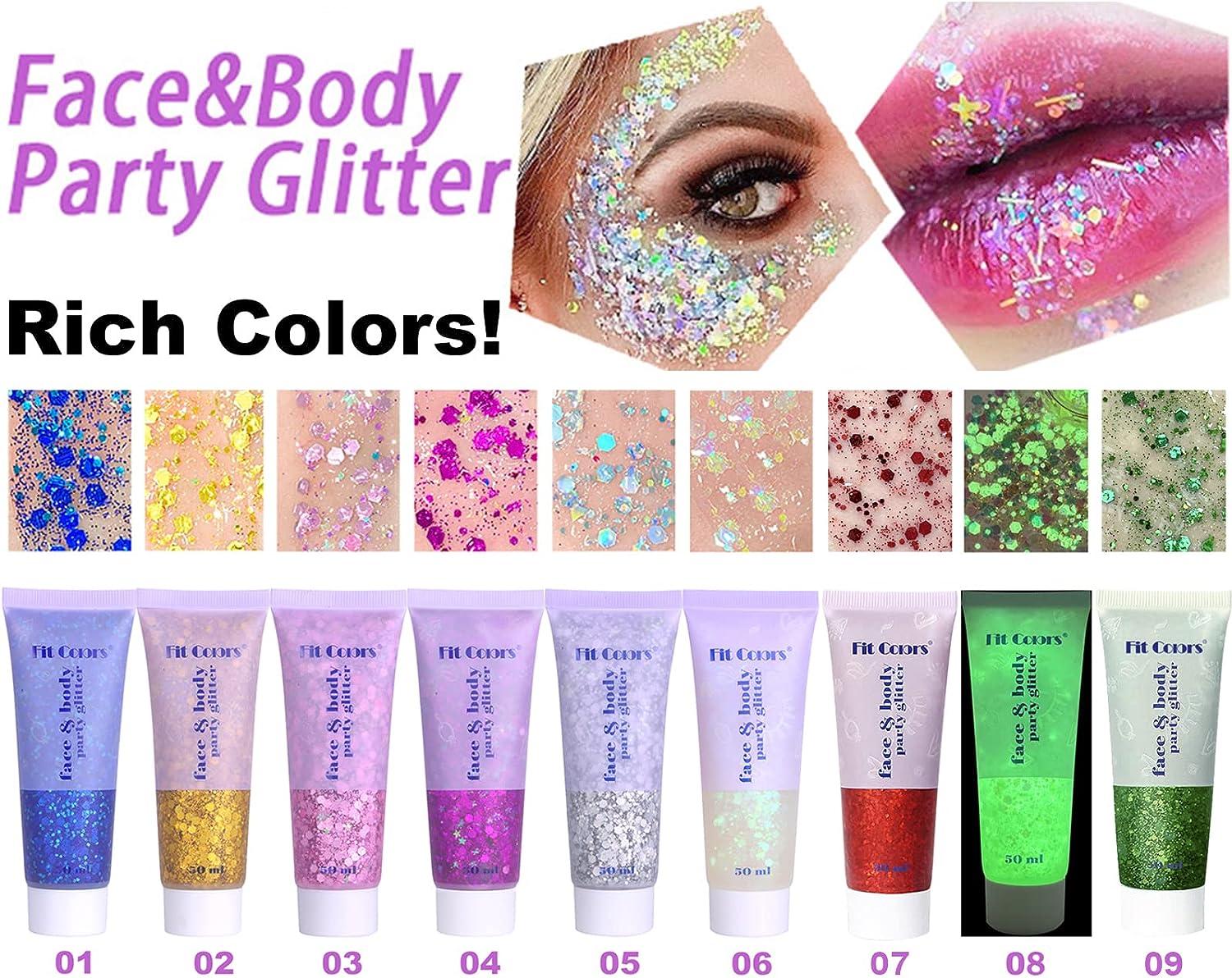 Glow in The Dark Body Glitter Gel, 12 Colors & Shapes Glitter Gel Makeup,  UV Body Glitter for Women, Glow in The Dark Face Glitter Makeup Gel, Chunky