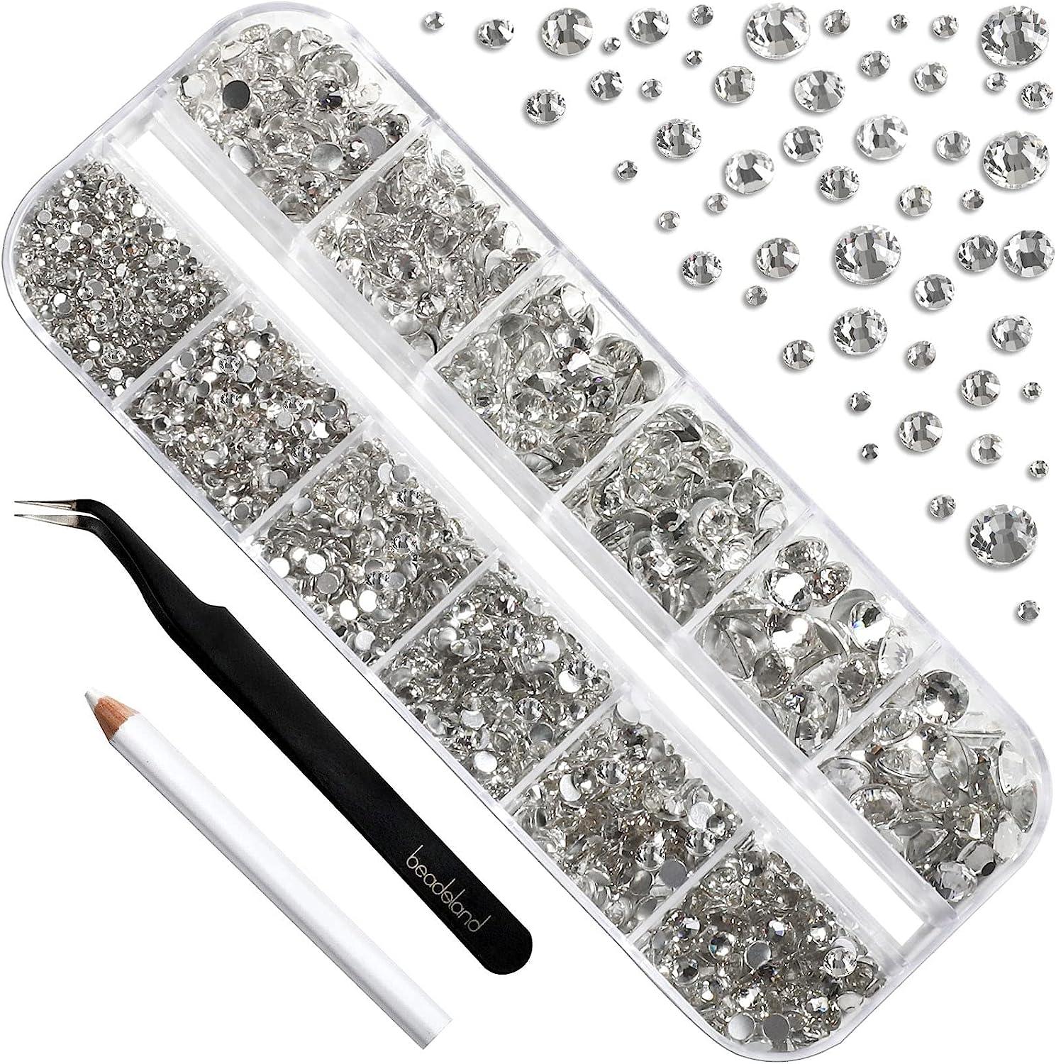 Beadsland Rhinestones for Makeup,8 Sizes 2500pcs Crystal Flatback  Rhinestones Face Gems for Nails Crafts with Tweezers and Wax  Pencil,Clear,SS4-SS30