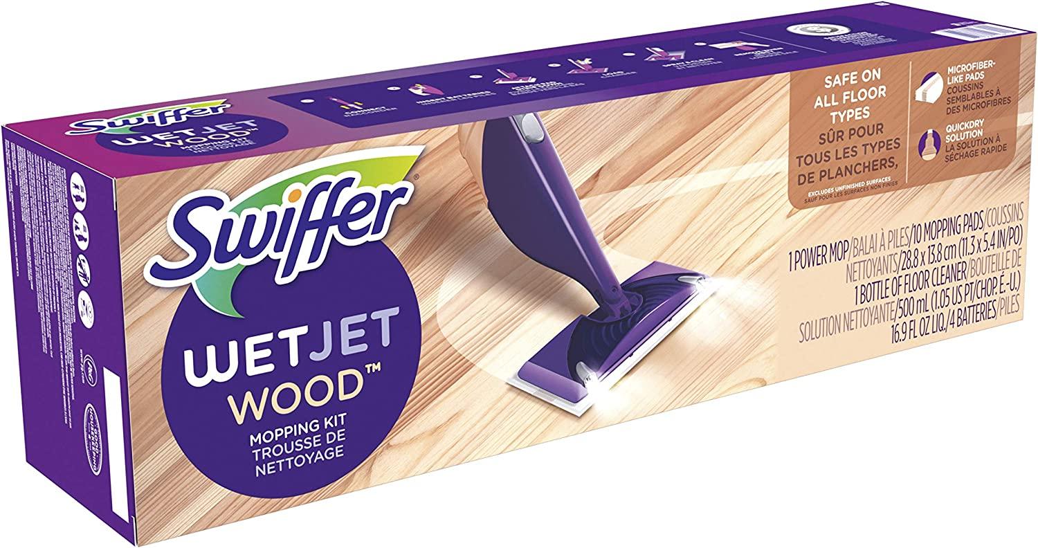 Swiffer WetJet Wood Floor Mopping and Cleaning Starter Kit, All Purpose Floor  Cleaning Products, 1 Mop, 10 Pads, Cleaning Solution, Batteries