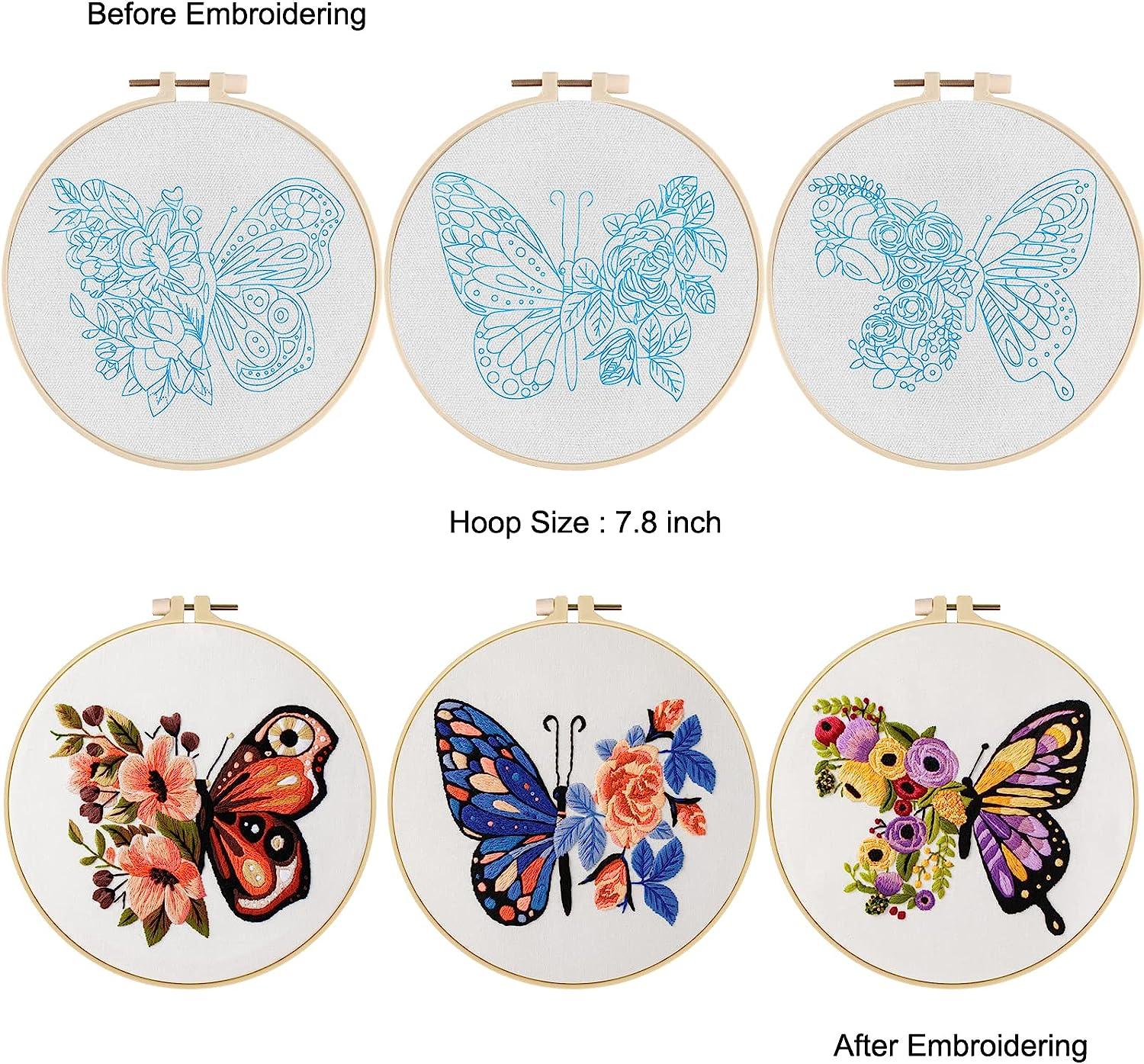Anidaroel 3 Sets Butterfly Flower Pattern Embroidery Starter Kit for  Beginners Stamped Cross Stitch Kits for Beginners Adults Include Embroidery  Fabric Embroidery Hoop Threads and Needles