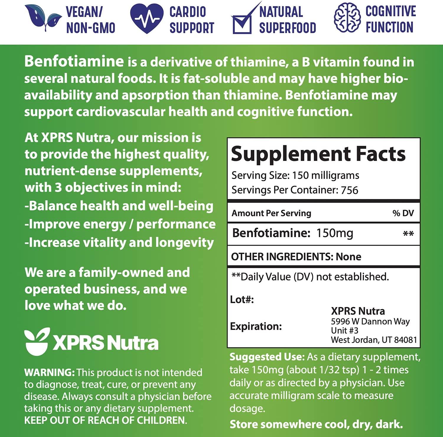 XPRS Nutra Benfotiamine Powder Fat Soluble Thiamine Supplement for a