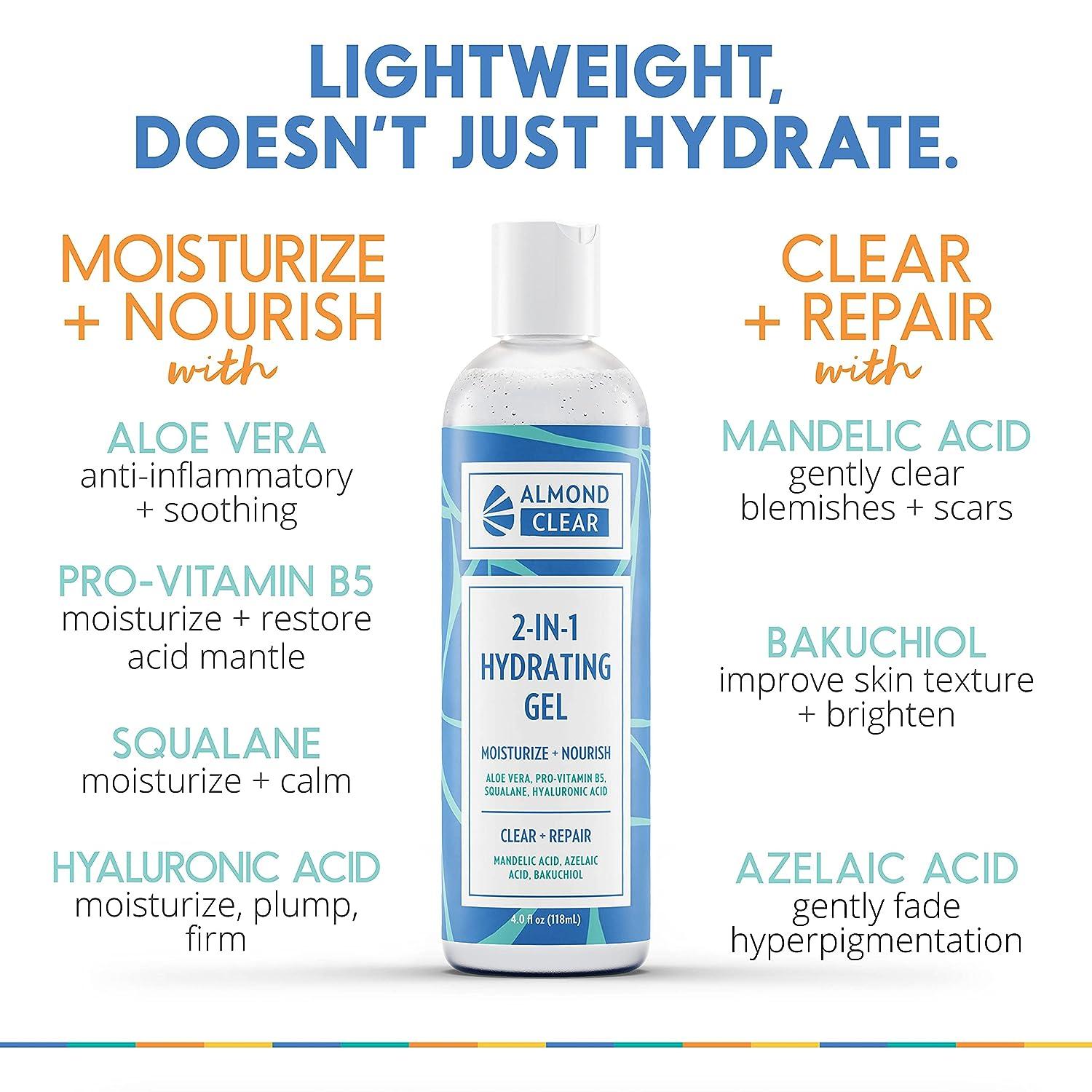 2-in-1 Hydrating Gel for Oily, Acne & Folliculitis Prone Skin | Aloe Vera,  Squalane, Hyaluronic Acid, Mandelic Acid, Bakuchiol