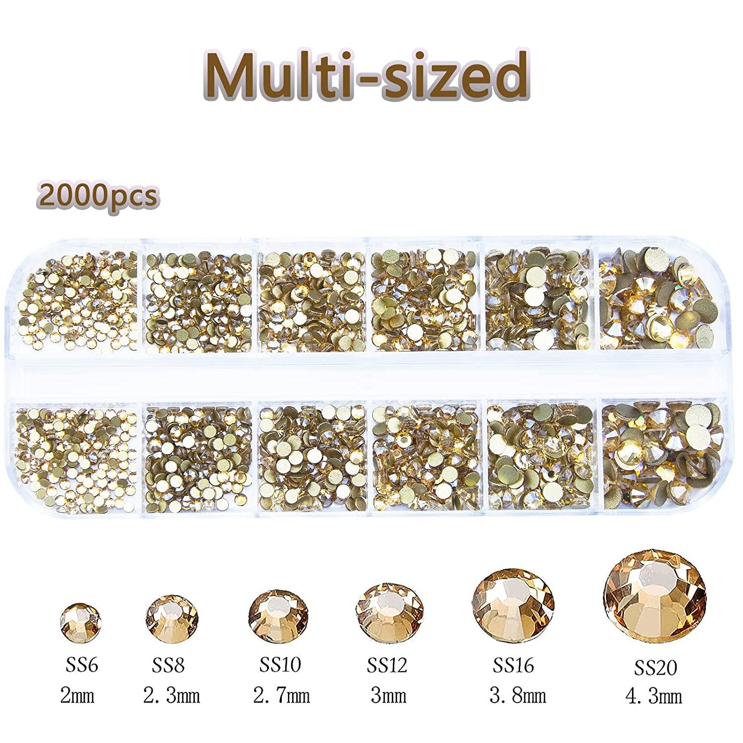 2120Pcs Champagne Gold Crystal Nail Rhinestones Round Beads Multi Shapes  Sizes Flatback Glass Gems Stones for Nail DIY Crafts Clothes Shoes Jewelry