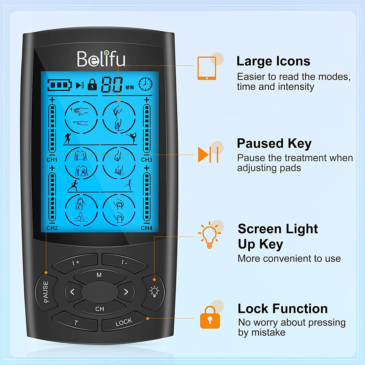 Belifu 4 Independent Channel TENS EMS Unit, TENS Unit Muscle