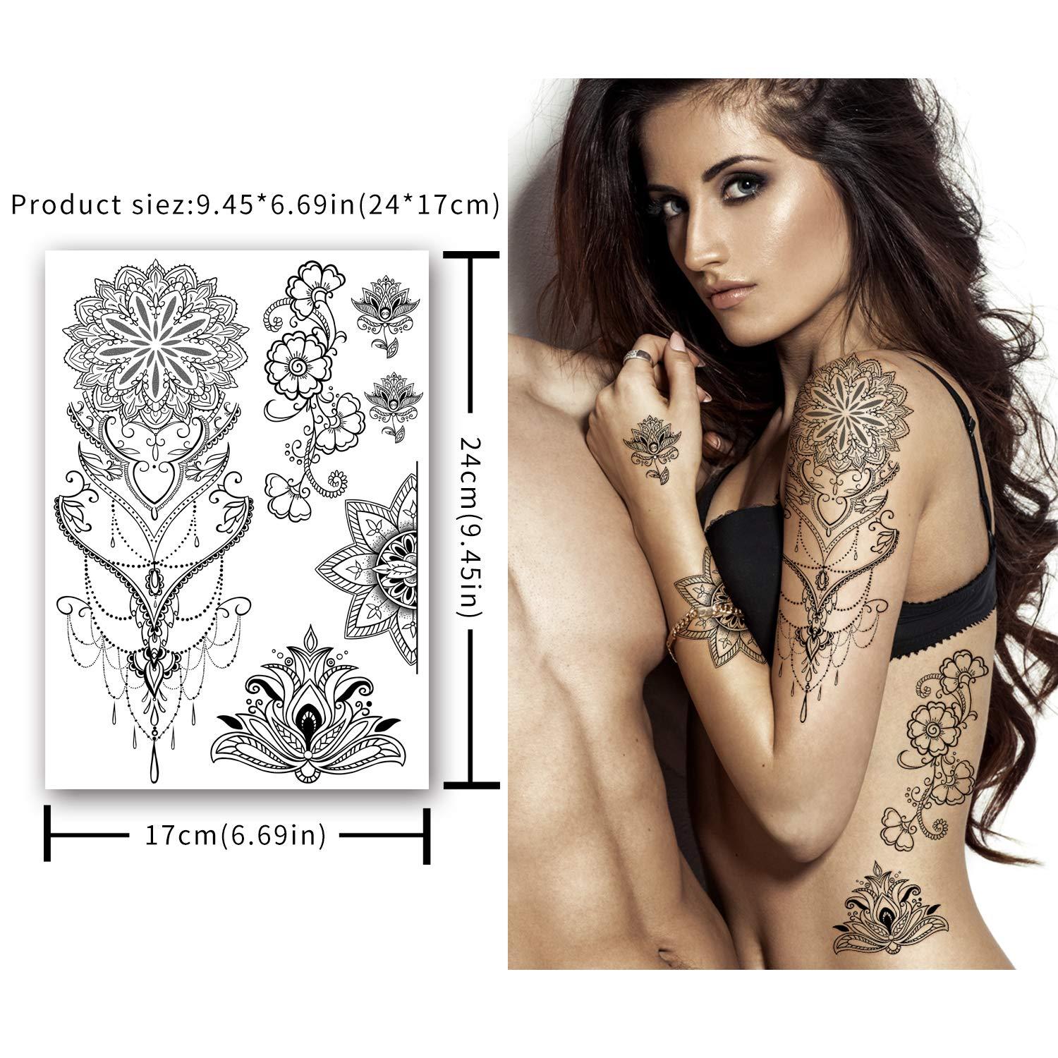 Yazhiji 8 sheets Extra Large Henna Mandala Temporary Tattoo Collection for  Women and Girls Sexy Tattoo Stickers.